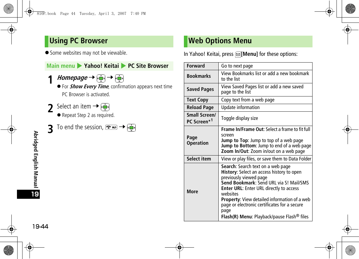 19-4419Abridged English Manual!Some websites may not be viewable.1Homepage 7  7 !For Show Every Time, confirmation appears next time PC Browser is activated.2Select an item 7 !Repeat Step 2 as required.3To end the session,   7 In Yahoo! Keitai, press  [Menu] for these options:Using PC BrowserMain menu 4 Yahoo! Keitai 4 PC Site BrowserWeb Options MenuForward Go to next pageBookmarks View Bookmarks list or add a new bookmark to the listSaved Pages View Saved Pages list or add a new saved page to the listText Copy Copy text from a web pageReload Page Update informationSmall Screen/PC Screen*1Toggle display sizePage OperationFrame In/Frame Out: Select a frame to fit full screenJump to Top: Jump to top of a web pageJump to Bottom: Jump to end of a web pageZoom In/Out: Zoom in/out on a web pageSelect item View or play files, or save them to Data FolderMoreSearch: Search text on a web pageHistory: Select an access history to open previously viewed pageSend Bookmark: Send URL via S! Mail/SMSEnter URL: Enter URL directly to access websitesProperty: View detailed information of a web page or electronic certificates for a secure pageFlash(R) Menu: Playback/pause Flash® files810P.book  Page 44  Tuesday, April 3, 2007  7:40 PM