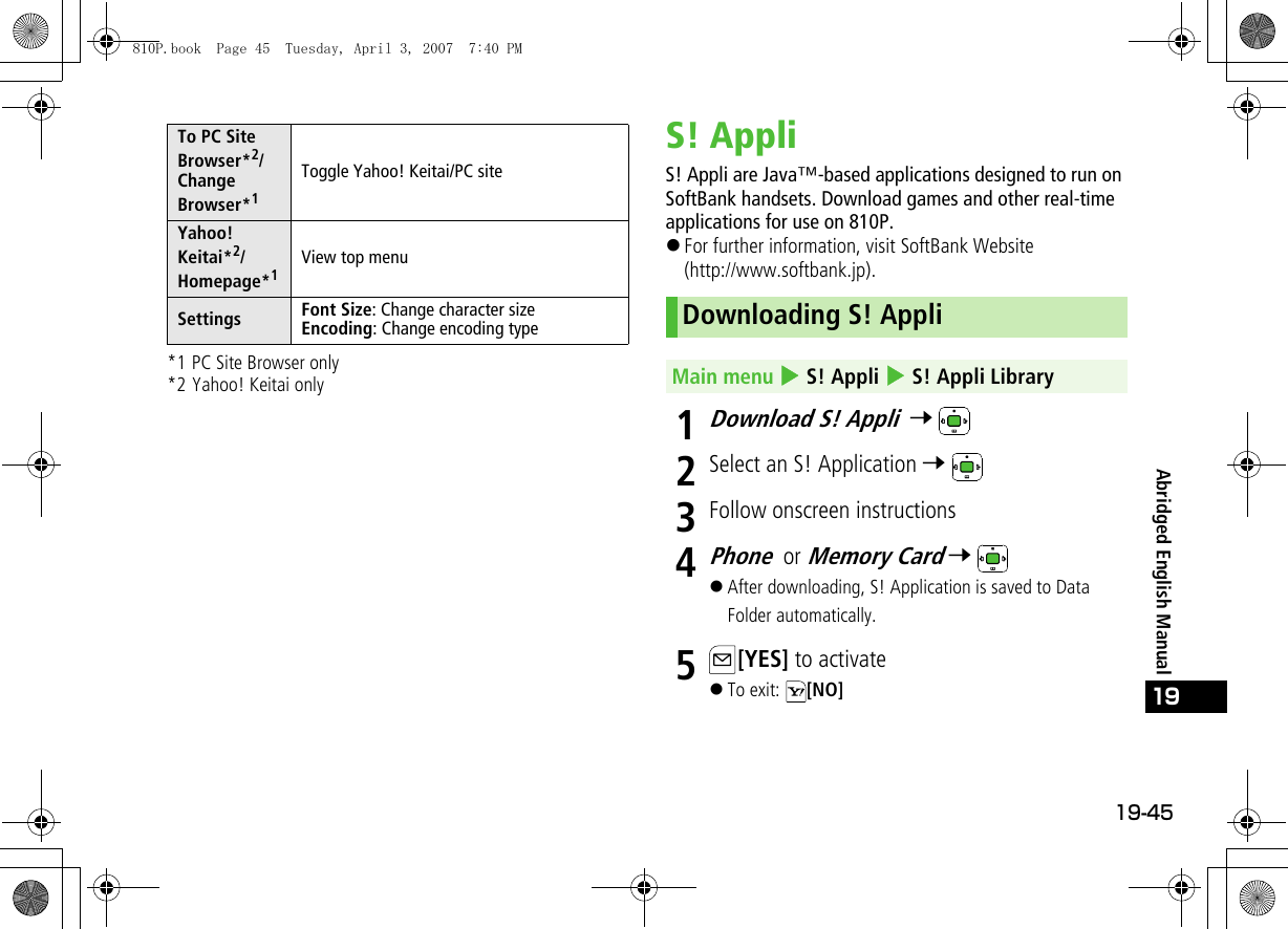 19-45Abridged English Manual19*1 PC Site Browser only*2 Yahoo! Keitai onlyS! AppliS! Appli are Java™-based applications designed to run on SoftBank handsets. Download games and other real-time applications for use on 810P.!For further information, visit SoftBank Website (http://www.softbank.jp).1Download S! Appli  7 2Select an S! Application 7 3Follow onscreen instructions4Phone or Memory Card 7 !After downloading, S! Application is saved to Data Folder automatically.5[YES] to activate!To exit:  [NO]To PC Site Browser*2/Change Browser*1Toggle Yahoo! Keitai/PC siteYahoo!  Keitai*2/Homepage*1View top menuSettings Font Size: Change character sizeEncoding: Change encoding type Downloading S! AppliMain menu 4 S! Appli 4 S! Appli Library810P.book  Page 45  Tuesday, April 3, 2007  7:40 PM