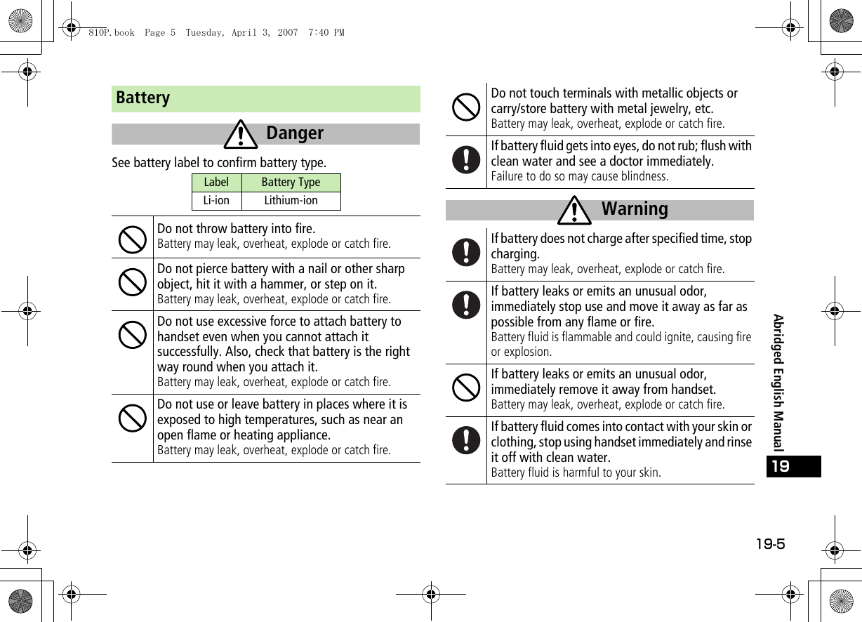 19-5Abridged English Manual19BatterySee battery label to confirm battery type.Do not throw battery into fire.Battery may leak, overheat, explode or catch fire.Do not pierce battery with a nail or other sharp object, hit it with a hammer, or step on it.Battery may leak, overheat, explode or catch fire.Do not use excessive force to attach battery to handset even when you cannot attach it successfully. Also, check that battery is the right way round when you attach it.Battery may leak, overheat, explode or catch fire.Do not use or leave battery in places where it is exposed to high temperatures, such as near an open flame or heating appliance.Battery may leak, overheat, explode or catch fire.DangerLabel Battery TypeLi-ion Lithium-ionDo not touch terminals with metallic objects or carry/store battery with metal jewelry, etc.Battery may leak, overheat, explode or catch fire.If battery fluid gets into eyes, do not rub; flush with clean water and see a doctor immediately.Failure to do so may cause blindness.If battery does not charge after specified time, stop charging.Battery may leak, overheat, explode or catch fire.If battery leaks or emits an unusual odor, immediately stop use and move it away as far as possible from any flame or fire.Battery fluid is flammable and could ignite, causing fire or explosion.If battery leaks or emits an unusual odor, immediately remove it away from handset.Battery may leak, overheat, explode or catch fire.If battery fluid comes into contact with your skin or clothing, stop using handset immediately and rinse it off with clean water.Battery fluid is harmful to your skin.Warning810P.book  Page 5  Tuesday, April 3, 2007  7:40 PM