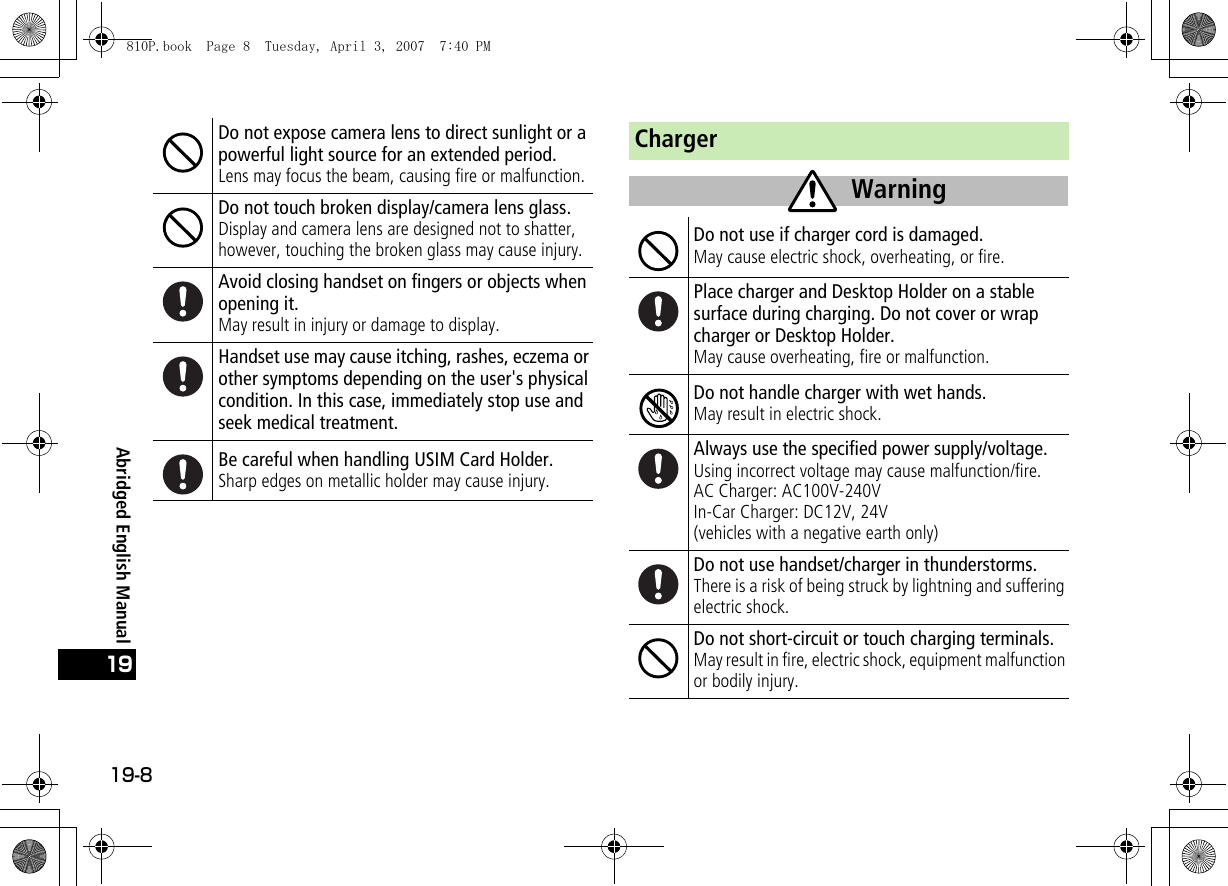 19-819Abridged English ManualDo not expose camera lens to direct sunlight or a powerful light source for an extended period.Lens may focus the beam, causing fire or malfunction.Do not touch broken display/camera lens glass.Display and camera lens are designed not to shatter, however, touching the broken glass may cause injury.Avoid closing handset on fingers or objects when opening it.May result in injury or damage to display.Handset use may cause itching, rashes, eczema or other symptoms depending on the user&apos;s physical condition. In this case, immediately stop use and seek medical treatment.Be careful when handling USIM Card Holder.Sharp edges on metallic holder may cause injury.ChargerDo not use if charger cord is damaged.May cause electric shock, overheating, or fire.Place charger and Desktop Holder on a stable surface during charging. Do not cover or wrap charger or Desktop Holder.May cause overheating, fire or malfunction.Do not handle charger with wet hands.May result in electric shock.Always use the specified power supply/voltage.Using incorrect voltage may cause malfunction/fire.AC Charger: AC100V-240VIn-Car Charger: DC12V, 24V(vehicles with a negative earth only)Do not use handset/charger in thunderstorms.There is a risk of being struck by lightning and suffering electric shock.Do not short-circuit or touch charging terminals.May result in fire, electric shock, equipment malfunction or bodily injury.Warning810P.book  Page 8  Tuesday, April 3, 2007  7:40 PM