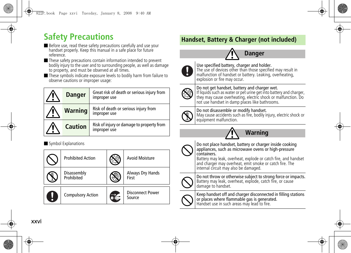 xxviSafety Precautions■Before use, read these safety precautions carefully and use your handset properly. Keep this manual in a safe place for future reference.■These safety precautions contain information intended to prevent bodily injury to the user and to surrounding people, as well as damage to property, and must be observed at all times.■These symbols indicate exposure levels to bodily harm from failure to observe cautions or improper usage:■Symbol ExplanationsDanger Great risk of death or serious injury from improper useWarning Risk of death or serious injury from improper useCaution Risk of injury or damage to property from improper useProhibited Action Avoid MoistureDisassembly ProhibitedAlways Dry Hands FirstCompulsory Action Disconnect Power SourceHandset, Battery &amp; Charger (not included)Use specified battery, charger and holder.The use of devices other than those specified may result in malfunction of handset or battery. Leaking, overheating, explosion or fire may occur.Do not get handset, battery and charger wet.If liquids such as water or pet urine get into battery and charger, they may cause overheating, electric shock or malfunction. Do not use handset in damp places like bathrooms.Do not disassemble or modify handset.May cause accidents such as fire, bodily injury, electric shock or equipment malfunction.Do not place handset, battery or charger inside cooking appliances, such as microwave ovens or high-pressure containers.Battery may leak, overheat, explode or catch fire, and handset and charger may overheat, emit smoke or catch fire. The internal circuit may also be damaged.Do not throw or otherwise subject to strong force or impacts.Battery may leak, overheat, explode, catch fire, or cause damage to handset.Keep handset off and charger disconnected in filling stations or places where flammable gas is generated.Handset use in such areas may lead to fire.DangerWarning822P.book  Page xxvi  Tuesday, January 8, 2008  9:40 AM