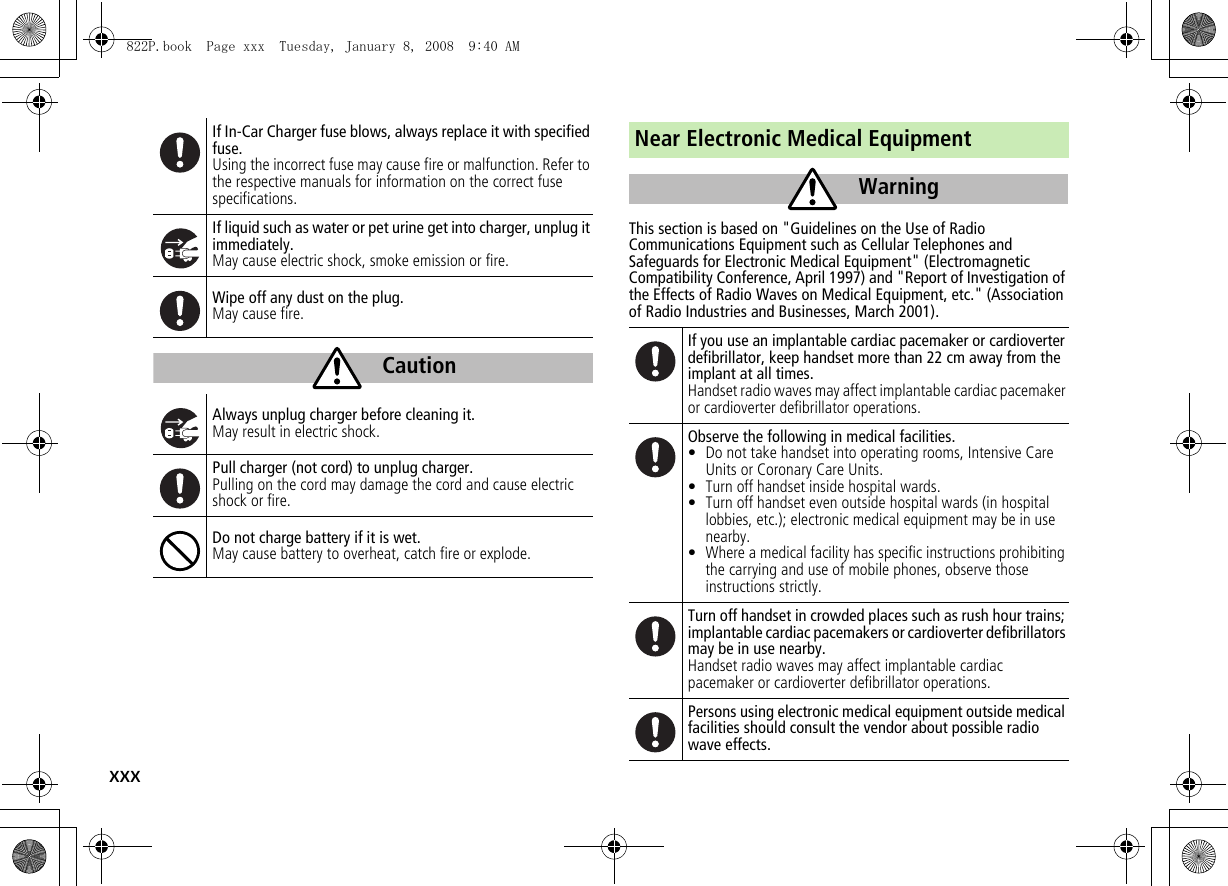 xxxIf In-Car Charger fuse blows, always replace it with specified fuse.Using the incorrect fuse may cause fire or malfunction. Refer to the respective manuals for information on the correct fuse specifications.If liquid such as water or pet urine get into charger, unplug it immediately.May cause electric shock, smoke emission or fire.Wipe off any dust on the plug.May cause fire.Always unplug charger before cleaning it.May result in electric shock.Pull charger (not cord) to unplug charger.Pulling on the cord may damage the cord and cause electric shock or fire.Do not charge battery if it is wet.May cause battery to overheat, catch fire or explode.CautionNear Electronic Medical EquipmentThis section is based on &quot;Guidelines on the Use of Radio Communications Equipment such as Cellular Telephones and Safeguards for Electronic Medical Equipment&quot; (Electromagnetic Compatibility Conference, April 1997) and &quot;Report of Investigation of the Effects of Radio Waves on Medical Equipment, etc.&quot; (Association of Radio Industries and Businesses, March 2001).If you use an implantable cardiac pacemaker or cardioverter defibrillator, keep handset more than 22 cm away from the implant at all times.Handset radio waves may affect implantable cardiac pacemaker or cardioverter defibrillator operations.Observe the following in medical facilities.• Do not take handset into operating rooms, Intensive Care Units or Coronary Care Units.• Turn off handset inside hospital wards.• Turn off handset even outside hospital wards (in hospital lobbies, etc.); electronic medical equipment may be in use nearby.• Where a medical facility has specific instructions prohibiting the carrying and use of mobile phones, observe those instructions strictly.Turn off handset in crowded places such as rush hour trains; implantable cardiac pacemakers or cardioverter defibrillators may be in use nearby.Handset radio waves may affect implantable cardiac pacemaker or cardioverter defibrillator operations.Persons using electronic medical equipment outside medical facilities should consult the vendor about possible radio wave effects.Warning822P.book  Page xxx  Tuesday, January 8, 2008  9:40 AM