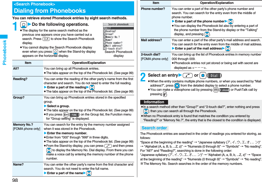 98PhonebookYou can retrieve stored Phonebook entries by eight search methods.1XoDo the following operations.pThe display for the same search method as the previous one appears once you have carried out a search. Press r to show the Search Phonebook display.pYou cannot display the Search Phonebook display even when you press Xo when the Stand-by display appears on the horizontal display.&lt;Search Phonebook&gt;Dialing from PhonebooksSearch Phonebook display Item Operation/ExplanationAll? You can bring up all Phonebook entries.pThe tabs appear on the top of the Phonebook list. (See page 99)Reading? You can enter the reading of the other party’s name from the first character and search. You do not need to enter the full reading.Enter a part of the readingBopThe tabs appear on the top of the Phonebook list. (See page 99)Group? You can bring up Phonebook entries stored in the specified group.Select a group.pThe tabs appear on the top of the Phonebook list. (See page 99)pIf you press i( ) on the Group list, the Function menu for “Group setting” is displayed.Memory No.?[FOMA phone only]You can search for the entry by the memory number assigned when it was stored in the Phonebook.Enter the memory number.pEnter from “000” through “999” in three digits.pThe tabs appear on the top of the Phonebook list. (See page 99)pFrom the Stand-by display, you can press d and then press Bo to display the Memory No. Dial display. From there you can make a voice call by entering the memory number of the phone number.Name? You can enter the other party’s name from the first character and search. You do not need to enter the full name.Enter a part of the nameBo2Select an entryd or Oo()pWhen the entry contains multiple phone numbers, or when you searched by “Mail address?”, press Mo from the detailed display to select a phone number.pYou can make a videophone call by pressing l( ) or PushTalk call by pressing p.The Phonebook entries are searched in the order of readings you entered for storing, as follows: “Space at the beginning of the reading” → “Japanese syllabary (ア、イ、ウ、エ、オ、... ン)” → “Alphabet (A, a, B, b, ...Z, z)” → “Numerals (0 through 9)” → “Symbols” → “No reading”.For “All?” and “Reading?”, searching is done in the following order:“Japanese syllabary (ア、イ、ウ、エ、オ、... ン)” → “Alphabet (A, a, B, b, ...Z, z)” → “Space at the beginning of the reading” → “Numerals (0 through 9)” → “Symbols” → “No reading”.※The Memory No. Search searches in the order of the memory numbers.Phone number? You can enter a part of the other party’s phone number and search. You can search for the entry even from the middle of phone number.Enter a part of the phone numberBopYou can display the Phonebook list also by entering a part of the phone number from the Stand-by display or the “Talking” display, and pressing Bo.Mail address?You can enter a part of the other party’s mail address and search. You can search for the entry even from the middle of mail address.Enter a part of the mail addressBo2-touch dial?[FOMA phone only]You can bring up the list of Phonebook entries in memory number 000 through 009.pPhonebook entries not yet stored or being set with secret are displayed as &lt;−−−&gt;.Item Operation/ExplanationInformationpIn a search method other than “Group?” and “2-touch dial?”, enter nothing and press +Bo; then you can search all through the Phonebook.pWhen no Phonebook entry is found that matches the condition you entered by “Reading?” or “Memory No.?”, the entry that is the closest to the condition is displayed.Search order