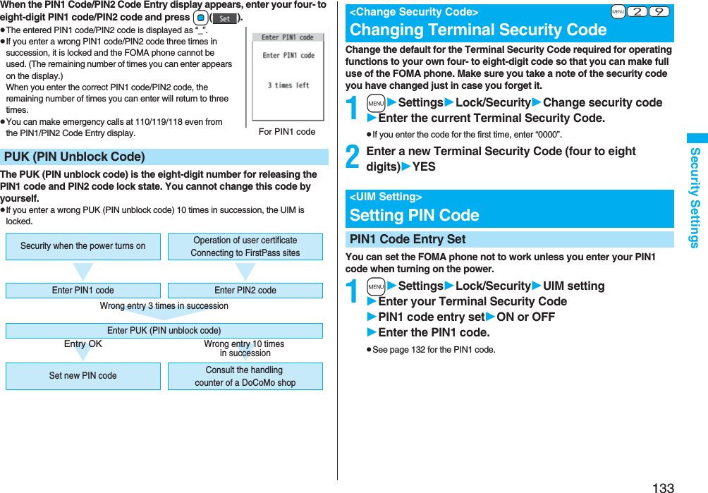 133Security SettingsWhen the PIN1 Code/PIN2 Code Entry display appears, enter your four- to eight-digit PIN1 code/PIN2 code and press Oo().pThe entered PIN1 code/PIN2 code is displayed as “_”.pIf you enter a wrong PIN1 code/PIN2 code three times in succession, it is locked and the FOMA phone cannot be used. (The remaining number of times you can enter appears on the display.)When you enter the correct PIN1 code/PIN2 code, the remaining number of times you can enter will return to three times.pYou can make emergency calls at 110/119/118 even from the PIN1/PIN2 Code Entry display.The PUK (PIN unblock code) is the eight-digit number for releasing the PIN1 code and PIN2 code lock state. You cannot change this code by yourself.pIf you enter a wrong PUK (PIN unblock code) 10 times in succession, the UIM is locked.PUK (PIN Unblock Code)For PIN1 codeWrong entry 3 times in successionEntry OKWrong entry 10 times in successionSecurity when the power turns onSet new PIN code Consult the handling counter of a DoCoMo shopEnter PUK (PIN unblock code)Enter PIN1 code Enter PIN2 codeOperation of user certificateConnecting to FirstPass sitesChange the default for the Terminal Security Code required for operating functions to your own four- to eight-digit code so that you can make full use of the FOMA phone. Make sure you take a note of the security code you have changed just in case you forget it.1mSettingsLock/SecurityChange security codeEnter the current Terminal Security Code.pIf you enter the code for the first time, enter “0000”.2Enter a new Terminal Security Code (four to eight digits)YESYou can set the FOMA phone not to work unless you enter your PIN1 code when turning on the power.1mSettingsLock/SecurityUIM settingEnter your Terminal Security CodePIN1 code entry setON or OFFEnter the PIN1 code.pSee page 132 for the PIN1 code.+m-2-9&lt;Change Security Code&gt;Changing Terminal Security Code&lt;UIM Setting&gt;Setting PIN CodePIN1 Code Entry Set