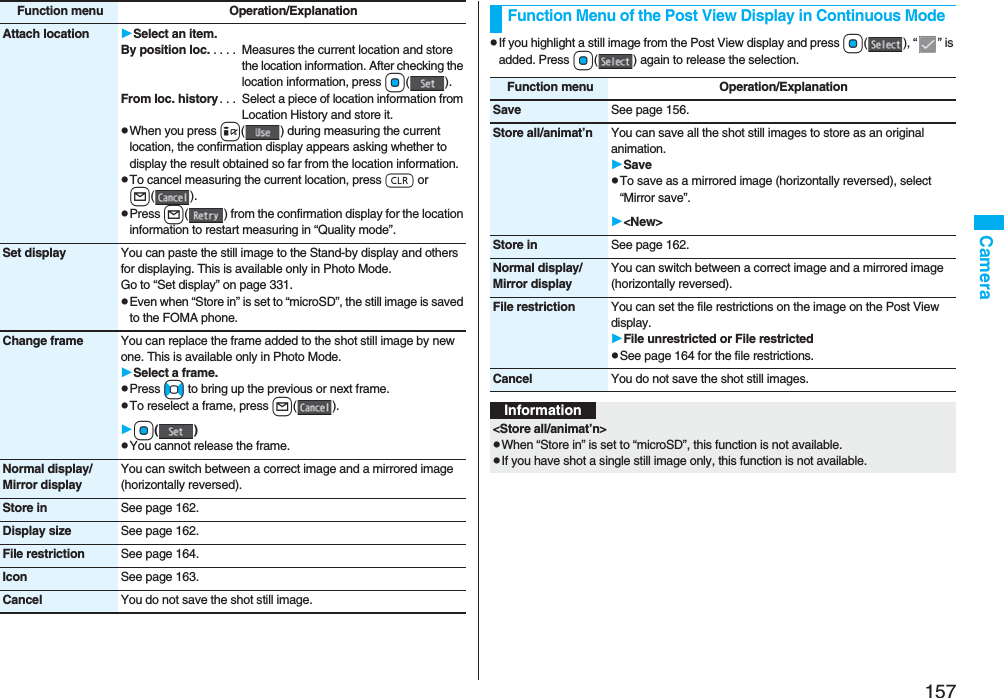 157CameraAttach location Select an item.By position loc. . . . .  Measures the current location and store the location information. After checking the location information, press Oo().From loc. history . . .  Select a piece of location information from Location History and store it.pWhen you press i( ) during measuring the current location, the confirmation display appears asking whether to display the result obtained so far from the location information.pTo cancel measuring the current location, press r or l().pPress l( ) from the confirmation display for the location information to restart measuring in “Quality mode”.Set display You can paste the still image to the Stand-by display and others for displaying. This is available only in Photo Mode.Go to “Set display” on page 331.pEven when “Store in” is set to “microSD”, the still image is saved to the FOMA phone.Change frame You can replace the frame added to the shot still image by new one. This is available only in Photo Mode.Select a frame.pPress No to bring up the previous or next frame.pTo reselect a frame, press l(). Oo()pYou cannot release the frame.Normal display/Mirror displayYou can switch between a correct image and a mirrored image (horizontally reversed).Store in See page 162.Display size See page 162.File restriction See page 164.Icon See page 163.Cancel You do not save the shot still image.Function menu Operation/ExplanationpIf you highlight a still image from the Post View display and press Oo(), “” is added. Press Oo( ) again to release the selection.Function Menu of the Post View Display in Continuous ModeFunction menu Operation/ExplanationSave See page 156.Store all/animat’n You can save all the shot still images to store as an original animation.SavepTo save as a mirrored image (horizontally reversed), select “Mirror save”.&lt;New&gt;Store in See page 162.Normal display/Mirror displayYou can switch between a correct image and a mirrored image (horizontally reversed).File restriction You can set the file restrictions on the image on the Post View display.File unrestricted or File restrictedpSee page 164 for the file restrictions.Cancel You do not save the shot still images.Information&lt;Store all/animat’n&gt;pWhen “Store in” is set to “microSD”, this function is not available.pIf you have shot a single still image only, this function is not available.