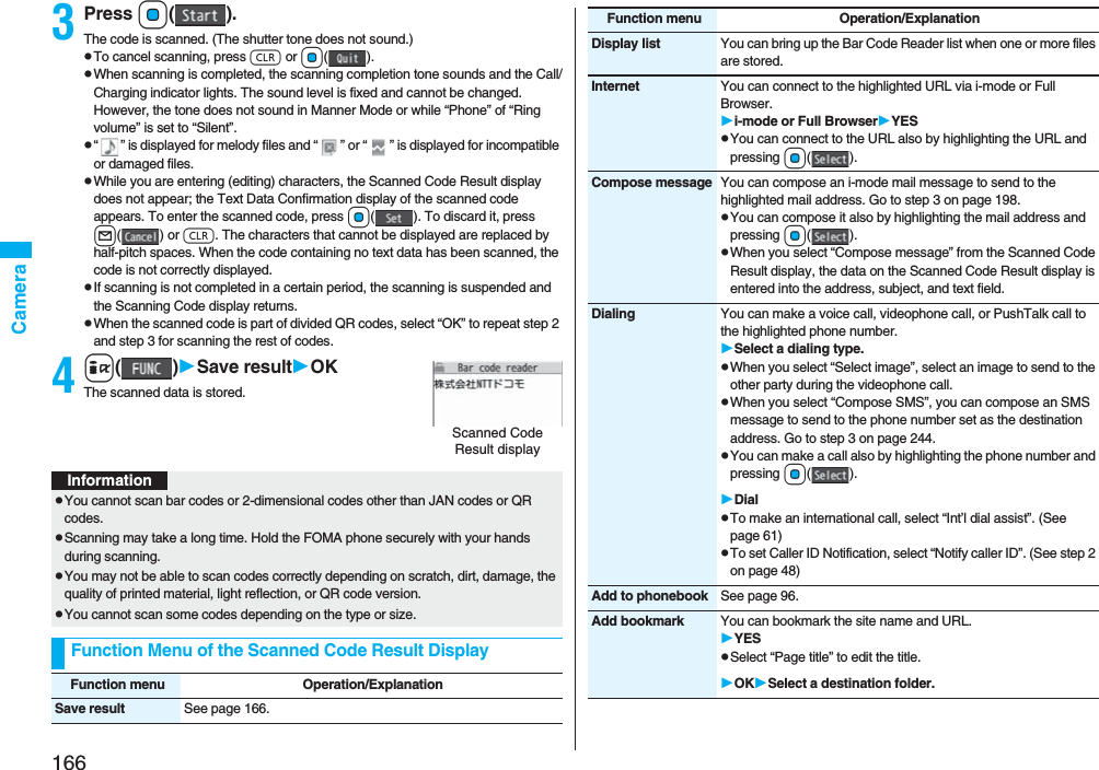 166Camera3Press Oo().The code is scanned. (The shutter tone does not sound.)pTo cancel scanning, press r or Oo().pWhen scanning is completed, the scanning completion tone sounds and the Call/Charging indicator lights. The sound level is fixed and cannot be changed. However, the tone does not sound in Manner Mode or while “Phone” of “Ring volume” is set to “Silent”.p“ ” is displayed for melody files and “ ” or “ ” is displayed for incompatible or damaged files.pWhile you are entering (editing) characters, the Scanned Code Result display does not appear; the Text Data Confirmation display of the scanned code appears. To enter the scanned code, press Oo( ). To discard it, press l() or r. The characters that cannot be displayed are replaced by half-pitch spaces. When the code containing no text data has been scanned, the code is not correctly displayed.pIf scanning is not completed in a certain period, the scanning is suspended and the Scanning Code display returns.pWhen the scanned code is part of divided QR codes, select “OK” to repeat step 2 and step 3 for scanning the rest of codes.4i()Save resultOKThe scanned data is stored.Scanned Code Result displayInformationpYou cannot scan bar codes or 2-dimensional codes other than JAN codes or QR codes.pScanning may take a long time. Hold the FOMA phone securely with your hands during scanning.pYou may not be able to scan codes correctly depending on scratch, dirt, damage, the quality of printed material, light reflection, or QR code version.pYou cannot scan some codes depending on the type or size.Function Menu of the Scanned Code Result DisplayFunction menu Operation/ExplanationSave result See page 166.Display list You can bring up the Bar Code Reader list when one or more files are stored.Internet You can connect to the highlighted URL via i-mode or Full Browser.i-mode or Full BrowserYESpYou can connect to the URL also by highlighting the URL and pressing Oo().Compose message You can compose an i-mode mail message to send to the highlighted mail address. Go to step 3 on page 198.pYou can compose it also by highlighting the mail address and pressing Oo().pWhen you select “Compose message” from the Scanned Code Result display, the data on the Scanned Code Result display is entered into the address, subject, and text field.Dialing You can make a voice call, videophone call, or PushTalk call to the highlighted phone number.Select a dialing type.pWhen you select “Select image”, select an image to send to the other party during the videophone call.pWhen you select “Compose SMS”, you can compose an SMS message to send to the phone number set as the destination address. Go to step 3 on page 244.pYou can make a call also by highlighting the phone number and pressing Oo().DialpTo make an international call, select “Int’l dial assist”. (See page 61)pTo set Caller ID Notification, select “Notify caller ID”. (See step 2 on page 48)Add to phonebook See page 96.Add bookmark You can bookmark the site name and URL.YESpSelect “Page title” to edit the title.OKSelect a destination folder.Function menu Operation/Explanation