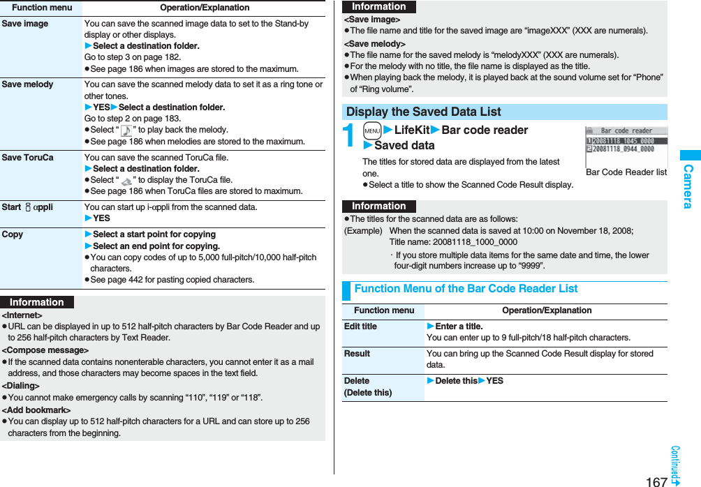 167CameraSave image You can save the scanned image data to set to the Stand-by display or other displays.Select a destination folder.Go to step 3 on page 182.pSee page 186 when images are stored to the maximum.Save melody You can save the scanned melody data to set it as a ring tone or other tones.YESSelect a destination folder.Go to step 2 on page 183.pSelect “ ” to play back the melody.pSee page 186 when melodies are stored to the maximum.Save ToruCa You can save the scanned ToruCa file.Select a destination folder.pSelect “ ” to display the ToruCa file.pSee page 186 when ToruCa files are stored to maximum.Start iαppli You can start up i-αppli from the scanned data.YESCopy Select a start point for copying Select an end point for copying.pYou can copy codes of up to 5,000 full-pitch/10,000 half-pitch characters.pSee page 442 for pasting copied characters.Function menu Operation/ExplanationInformation&lt;Internet&gt;pURL can be displayed in up to 512 half-pitch characters by Bar Code Reader and up to 256 half-pitch characters by Text Reader.&lt;Compose message&gt;pIf the scanned data contains nonenterable characters, you cannot enter it as a mail address, and those characters may become spaces in the text field.&lt;Dialing&gt;pYou cannot make emergency calls by scanning “110”, “119” or “118”.&lt;Add bookmark&gt;pYou can display up to 512 half-pitch characters for a URL and can store up to 256 characters from the beginning.1mLifeKitBar code readerSaved dataThe titles for stored data are displayed from the latest one.pSelect a title to show the Scanned Code Result display.&lt;Save image&gt;pThe file name and title for the saved image are “imageXXX” (XXX are numerals).&lt;Save melody&gt;pThe file name for the saved melody is “melodyXXX” (XXX are numerals).pFor the melody with no title, the file name is displayed as the title.pWhen playing back the melody, it is played back at the sound volume set for “Phone” of “Ring volume”.Display the Saved Data ListInformationBar Code Reader listInformationpThe titles for the scanned data are as follows:(Example)  When the scanned data is saved at 10:00 on November 18, 2008;Title name: 20081118_1000_0000・If you store multiple data items for the same date and time, the lower four-digit numbers increase up to “9999”.Function Menu of the Bar Code Reader ListFunction menu Operation/ExplanationEdit title Enter a title.You can enter up to 9 full-pitch/18 half-pitch characters.Result You can bring up the Scanned Code Result display for stored data.Delete(Delete this)Delete thisYES