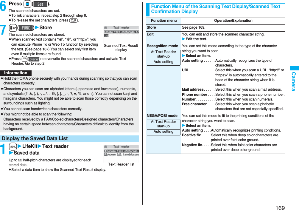 169Camera6Press Oo().The scanned characters are set.pTo link characters, repeat step 2 through step 6.pTo release the set characters, press r.7i()StoreThe scanned characters are stored.pWhen scanned text contains “tel”, “@”, or “http://”, you can execute Phone To or Web To function by selecting the text. (See page 187) You can select only first item even if multiple items are found.pPress l( ) to overwrite the scanned characters and activate Text Reader. Go to step 2.1mLifeKitText readerSaved dataUp to 22 half-pitch characters are displayed for each stored data.pSelect a data item to show the Scanned Text Result display.Scanned Text Result displayInformationpHold the FOMA phone securely with your hands during scanning so that you can scan characters correctly.pCharacters you can scan are alphabet letters (uppercase and lowercase), numerals, and symbols (#, &amp;, (, ), -, ., /, :, @, [, ], _, ~, ?, =, %, and +). You cannot scan kanji and hiragana characters. You might not be able to scan those correctly depending on the surroundings such as lighting.pYou cannot scan handwritten characters correctly.pYou might not be able to scan the following:Characters received by a FAX/Copied characters/Designed characters/Characters having no certain space between characters/Characters difficult to identify from the background.Display the Saved Data ListText Reader listFunction Menu of the Scanning Text Display/Scanned Text Confirmation DisplayFunction menu Operation/ExplanationStore See page 169.Edit You can edit and store the scanned character string.Edit the text.Recognition mode You can set this mode according to the type of the character string you want to scan.Select an item.Auto setting . . . . . . Automatically recognizes the type of characters.URL . . . . . . . . . . . . . Select this when you scan a URL. “http://” or “https://” is automatically entered to the head of the character string when it is stored.Mail address. . . . . . Select this when you scan a mail address.Phone number . . . . Select this when you scan a phone number.Number . . . . . . . . . . Select this when you scan numerals.Free character . . . . Select this when you scan alphabetic characters that are not especially specified.NEGA/POSI mode You can set this mode to fit to the printing conditions of the character string you want to scan.Select an item.Auto setting . . . .Automatically recognizes printing conditions.Positive fix . . . . .Select this when deep color characters are printed over faint color ground.Negative fix. . . . .Select this when faint color characters are printed over deep color ground.At Text Reader start-upAuto settingAt Text Reader start-upAuto setting