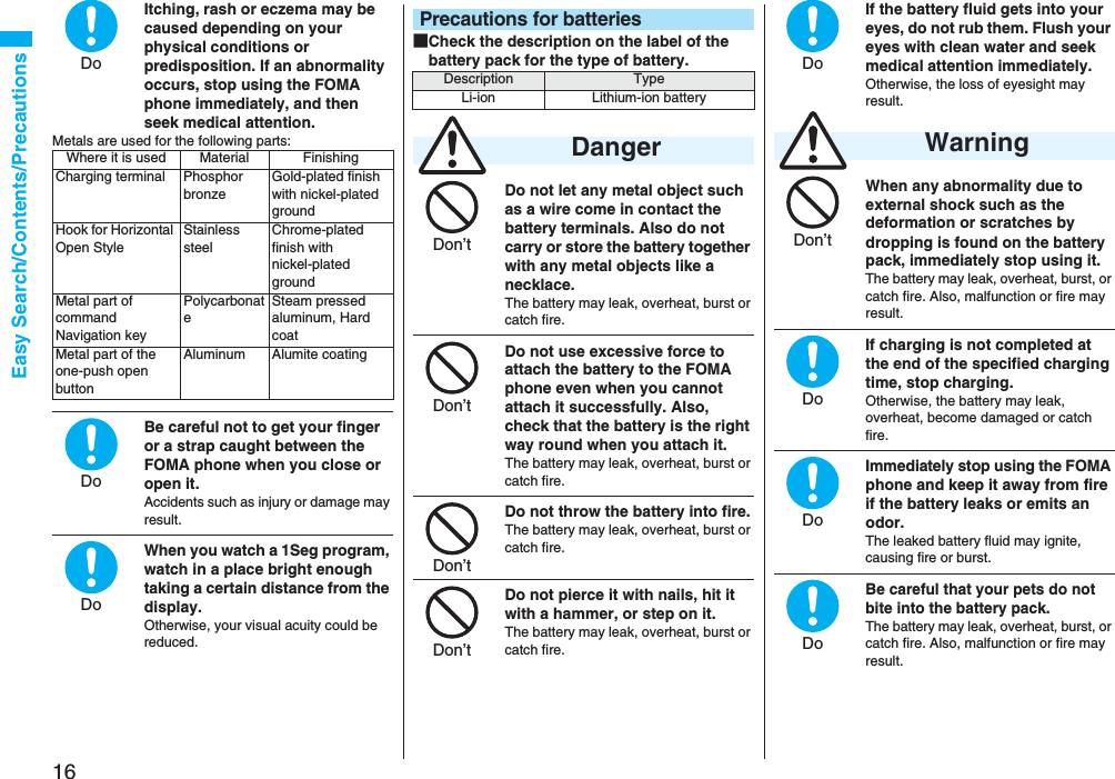 16Easy Search/Contents/PrecautionsItching, rash or eczema may be caused depending on your physical conditions or predisposition. If an abnormality occurs, stop using the FOMA phone immediately, and then seek medical attention.Metals are used for the following parts:Be careful not to get your finger or a strap caught between the FOMA phone when you close or open it.Accidents such as injury or damage may result.When you watch a 1Seg program, watch in a place bright enough taking a certain distance from the display.Otherwise, your visual acuity could be reduced.Where it is used Material FinishingCharging terminal Phosphor bronzeGold-plated finish with nickel-plated groundHook for Horizontal Open StyleStainless steelChrome-plated finish with nickel-plated groundMetal part of command Navigation keyPolycarbonateSteam pressed aluminum, Hard coatMetal part of the one-push open buttonAluminum Alumite coatingDoDoDo■Check the description on the label of the battery pack for the type of battery.Do not let any metal object such as a wire come in contact the battery terminals. Also do not carry or store the battery together with any metal objects like a necklace.The battery may leak, overheat, burst or catch fire.Do not use excessive force to attach the battery to the FOMA phone even when you cannot attach it successfully. Also, check that the battery is the right way round when you attach it.The battery may leak, overheat, burst or catch fire.Do not throw the battery into fire.The battery may leak, overheat, burst or catch fire.Do not pierce it with nails, hit it with a hammer, or step on it.The battery may leak, overheat, burst or catch fire.Precautions for batteriesDescription TypeLi-ion Lithium-ion battery DangerDon’tDon’tDon’tDon’tIf the battery fluid gets into your eyes, do not rub them. Flush your eyes with clean water and seek medical attention immediately.Otherwise, the loss of eyesight may result.When any abnormality due to external shock such as the deformation or scratches by dropping is found on the battery pack, immediately stop using it. The battery may leak, overheat, burst, or catch fire. Also, malfunction or fire may result.If charging is not completed at the end of the specified charging time, stop charging.Otherwise, the battery may leak, overheat, become damaged or catch fire.Immediately stop using the FOMA phone and keep it away from fire if the battery leaks or emits an odor.The leaked battery fluid may ignite, causing fire or burst.Be careful that your pets do not bite into the battery pack. The battery may leak, overheat, burst, or catch fire. Also, malfunction or fire may result. WarningDoDon’tDoDoDo