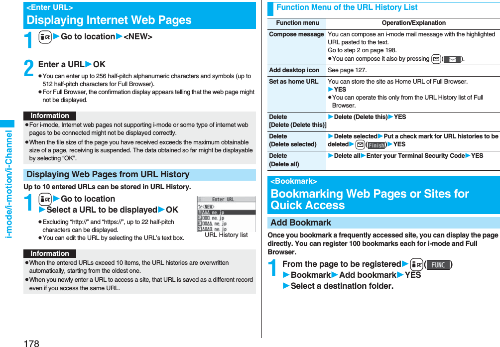 178i-mode/i-motion/i-Channel1iGo to location&lt;NEW&gt;2Enter a URLOKpYou can enter up to 256 half-pitch alphanumeric characters and symbols (up to 512 half-pitch characters for Full Browser).pFor Full Browser, the confirmation display appears telling that the web page might not be displayed.Up to 10 entered URLs can be stored in URL History.1iGo to locationSelect a URL to be displayedOKpExcluding “http://” and “https://”, up to 22 half-pitch characters can be displayed.pYou can edit the URL by selecting the URL’s text box.&lt;Enter URL&gt;Displaying Internet Web PagesInformationpFor i-mode, Internet web pages not supporting i-mode or some type of internet web pages to be connected might not be displayed correctly.pWhen the file size of the page you have received exceeds the maximum obtainable size of a page, receiving is suspended. The data obtained so far might be displayable by selecting “OK”.Displaying Web Pages from URL HistoryURL History listInformationpWhen the entered URLs exceed 10 items, the URL histories are overwritten automatically, starting from the oldest one.pWhen you newly enter a URL to access a site, that URL is saved as a different record even if you access the same URL.Once you bookmark a frequently accessed site, you can display the page directly. You can register 100 bookmarks each for i-mode and Full Browser.1From the page to be registeredi()BookmarkAdd bookmarkYESSelect a destination folder.Function Menu of the URL History ListFunction menu Operation/ExplanationCompose message You can compose an i-mode mail message with the highlighted URL pasted to the text.Go to step 2 on page 198.pYou can compose it also by pressing l().Add desktop icon See page 127.Set as home URL You can store the site as Home URL of Full Browser.YESpYou can operate this only from the URL History list of Full Browser.Delete[Delete (Delete this)]Delete (Delete this)YESDelete(Delete selected)Delete selectedPut a check mark for URL histories to be deletedl()YESDelete(Delete all)Delete allEnter your Terminal Security CodeYES&lt;Bookmark&gt;Bookmarking Web Pages or Sites for Quick AccessAdd Bookmark