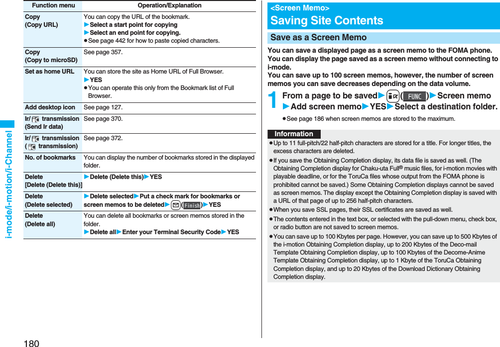 180i-mode/i-motion/i-ChannelCopy(Copy URL)You can copy the URL of the bookmark.Select a start point for copyingSelect an end point for copying.pSee page 442 for how to paste copied characters.Copy(Copy to microSD)See page 357.Set as home URL You can store the site as Home URL of Full Browser.YESpYou can operate this only from the Bookmark list of Full Browser.Add desktop icon See page 127.Ir/  transmission(Send Ir data)See page 370.Ir/  transmission(  transmission)See page 372.No. of bookmarks You can display the number of bookmarks stored in the displayed folder.Delete[Delete (Delete this)]Delete (Delete this)YESDelete(Delete selected)Delete selectedPut a check mark for bookmarks or screen memos to be deletedl()YESDelete(Delete all)You can delete all bookmarks or screen memos stored in the folder.Delete allEnter your Terminal Security CodeYESFunction menu Operation/ExplanationYou can save a displayed page as a screen memo to the FOMA phone. You can display the page saved as a screen memo without connecting to i-mode.You can save up to 100 screen memos, however, the number of screen memos you can save decreases depending on the data volume.1From a page to be savedi()Screen memoAdd screen memoYESSelect a destination folder.pSee page 186 when screen memos are stored to the maximum.&lt;Screen Memo&gt;Saving Site ContentsSave as a Screen MemoInformationpUp to 11 full-pitch/22 half-pitch characters are stored for a title. For longer titles, the excess characters are deleted.pIf you save the Obtaining Completion display, its data file is saved as well. (The Obtaining Completion display for Chaku-uta Full® music files, for i-motion movies with playable deadline, or for the ToruCa files whose output from the FOMA phone is prohibited cannot be saved.) Some Obtaining Completion displays cannot be saved as screen memos. The display except the Obtaining Completion display is saved with a URL of that page of up to 256 half-pitch characters.pWhen you save SSL pages, their SSL certificates are saved as well.pThe contents entered in the text box, or selected with the pull-down menu, check box, or radio button are not saved to screen memos.pYou can save up to 100 Kbytes per page. However, you can save up to 500 Kbytes of the i-motion Obtaining Completion display, up to 200 Kbytes of the Deco-mail Template Obtaining Completion display, up to 100 Kbytes of the Decome-Anime Template Obtaining Completion display, up to 1 Kbyte of the ToruCa Obtaining Completion display, and up to 20 Kbytes of the Download Dictionary Obtaining Completion display.