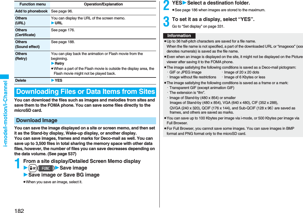 182i-mode/i-motion/i-ChannelYou can download the files such as images and melodies from sites and save them to the FOMA phone. You can save some files directly to the microSD card.You can save the image displayed on a site or screen memo, and then set it as the Stand-by display, Wake-up display, or another display. You can save images, frames and marks for Deco-mail as well. You can save up to 3,500 files in total sharing the memory space with other data files, however, the number of files you can save decreases depending on the data volume. (See page 537)1From a site display/Detailed Screen Memo displayi()Save imageSave image or Save BG imagepWhen you save an image, select it.Add to phonebook See page 96.Others(URL)You can display the URL of the screen memo.URLOthers(Certificate)See page 176.Others(Sound effect)See page 188.Others(Retry)You can play back the animation or Flash movie from the beginning.RetrypWhen a part of the Flash movie is outside the display area, the Flash movie might not be played back.Delete YESDownloading Files or Data Items from SitesDownload ImageFunction menu Operation/Explanation 2YESSelect a destination folder.pSee page 186 when images are stored to the maximum.3To set it as a display, select “YES”.Go to “Set display” on page 331.InformationpUp to 36 half-pitch characters are saved for a file name.When the file name is not specified, a part of the downloaded URL or “imagexxx” (xxx denotes numerals) is saved as the file name.pEven when an image is displayed on the site, it might not be displayed on the Picture viewer after saving it to the FOMA phone.pThe image satisfying the following conditions is saved as a Deco-mail pictogram:・GIF or JPEG image ・Image of 20 x 20 dots・Image without file restrictions ・Image of 6 Kbytes or lesspThe image satisfying the following conditions is saved as a frame or a mark:・Transparent GIF (except animation GIF)・The extension is “ifm”.・Image of Stand-by (480 x 854) or smallerImages of Stand-by (480 x 854), VGA (640 x 480), CIF (352 x 288), QVGA (240 x 320), QCIF (176 x 144), and Sub-QCIF (128 x 96） are saved as frames, and others are saved as marks.pYou can save up to 100 Kbytes per image via i-mode, or 500 Kbytes per image via Full Browser.pFor Full Browser, you cannot save some images. You can save images in BMP format and PNG format only to the microSD card.