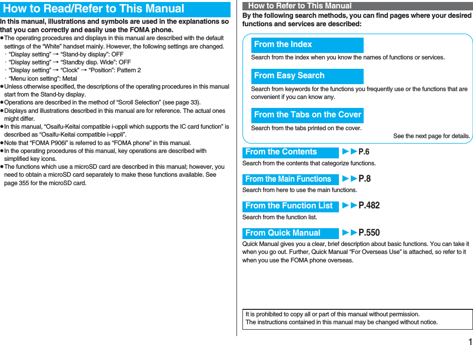 1Easy Search/Contents/PrecautionsEasy Search/ Contents/PrecautionsIn this manual, illustrations and symbols are used in the explanations so that you can correctly and easily use the FOMA phone.pThe operating procedures and displays in this manual are described with the default settings of the “White” handset mainly. However, the following settings are changed.・“Display setting” → “Stand-by display”: OFF・“Display setting” → “Standby disp. Wide”: OFF・“Display setting” → “Clock” → “Position”: Pattern 2・“Menu icon setting”: MetalpUnless otherwise specified, the descriptions of the operating procedures in this manual start from the Stand-by display.pOperations are described in the method of “Scroll Selection” (see page 33).pDisplays and illustrations described in this manual are for reference. The actual ones might differ.pIn this manual, “Osaifu-Keitai compatible i-αppli which supports the IC card function” is described as “Osaifu-Keitai compatible i-αppli”.pNote that “FOMA P906i” is referred to as “FOMA phone” in this manual.pIn the operating procedures of this manual, key operations are described with simplified key icons.pThe functions which use a microSD card are described in this manual; however, you need to obtain a microSD card separately to make these functions available. See page 355 for the microSD card.How to Read/Refer to This Manual By the following search methods, you can find pages where your desired functions and services are described:How to Refer to This ManualSearch from the index when you know the names of functions or services.Search from keywords for the functions you frequently use or the functions that are convenient if you can know any.Search from the tabs printed on the cover.See the next page for details.Search from the contents that categorize functions.Search from here to use the main functions.Search from the function list.Quick Manual gives you a clear, brief description about basic functions. You can take it when you go out. Further, Quick Manual “For Overseas Use” is attached, so refer to it when you use the FOMA phone overseas.From the IndexFrom Easy SearchFrom the Tabs on the CoverFrom the Contents P.6From the Main FunctionsP.8From the Function List P.482From Quick Manual P.550It is prohibited to copy all or part of this manual without permission.The instructions contained in this manual may be changed without notice.
