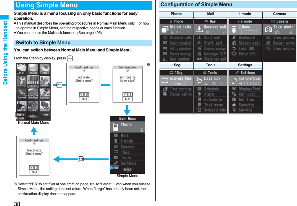 38Before Using the HandsetSimple Menu is a menu focusing on only basic functions for easy operation.pThis manual describes the operating procedures in Normal Main Menu only. For how to operate in Simple Menu, see the respective pages of each function.pYou cannot use the Multitask function. (See page 405)You can switch between Normal Main Menu and Simple Menu.※Select “YES” to set “Set at one time” on page 129 to “Large”. Even when you release Simple Menu, the setting does not return. When “Large” has already been set, the confirmation display does not appear.Using Simple MenuSwitch to Simple MenuFrom the Stand-by display, press m. Normal Main MenuSimple Menu+l+l※Configuration of Simple MenuPhone Mail i-mode Camera1Seg Tools Settings