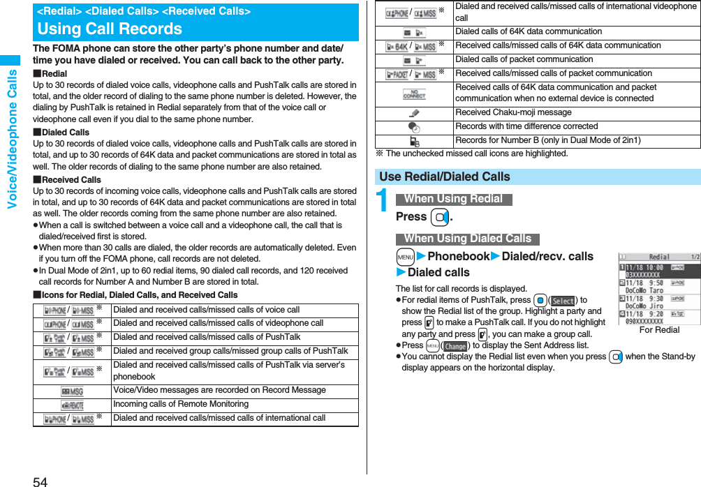 54Voice/Videophone CallsThe FOMA phone can store the other party’s phone number and date/time you have dialed or received. You can call back to the other party.■RedialUp to 30 records of dialed voice calls, videophone calls and PushTalk calls are stored in total, and the older record of dialing to the same phone number is deleted. However, the dialing by PushTalk is retained in Redial separately from that of the voice call or videophone call even if you dial to the same phone number.■Dialed CallsUp to 30 records of dialed voice calls, videophone calls and PushTalk calls are stored in total, and up to 30 records of 64K data and packet communications are stored in total as well. The older records of dialing to the same phone number are also retained.■Received CallsUp to 30 records of incoming voice calls, videophone calls and PushTalk calls are stored in total, and up to 30 records of 64K data and packet communications are stored in total as well. The older records coming from the same phone number are also retained.pWhen a call is switched between a voice call and a videophone call, the call that is dialed/received first is stored.pWhen more than 30 calls are dialed, the older records are automatically deleted. Even if you turn off the FOMA phone, call records are not deleted.pIn Dual Mode of 2in1, up to 60 redial items, 90 dialed call records, and 120 received call records for Number A and Number B are stored in total.■Icons for Redial, Dialed Calls, and Received Calls&lt;Redial&gt; &lt;Dialed Calls&gt; &lt;Received Calls&gt;Using Call Records/※Dialed and received calls/missed calls of voice call/※Dialed and received calls/missed calls of videophone call/※Dialed and received calls/missed calls of PushTalk/※Dialed and received group calls/missed group calls of PushTalk /※Dialed and received calls/missed calls of PushTalk via server’s phonebookVoice/Video messages are recorded on Record MessageIncoming calls of Remote Monitoring/※Dialed and received calls/missed calls of international call※ The unchecked missed call icons are highlighted.1Press Vo.mPhonebookDialed/recv. callsDialed callsThe list for call records is displayed.pFor redial items of PushTalk, press Oo( ) to show the Redial list of the group. Highlight a party and press p to make a PushTalk call. If you do not highlight any party and press p, you can make a group call.pPress m( ) to display the Sent Address list.pYou cannot display the Redial list even when you press Vo when the Stand-by display appears on the horizontal display./※Dialed and received calls/missed calls of international videophone callDialed calls of 64K data communication/※Received calls/missed calls of 64K data communicationDialed calls of packet communication/※Received calls/missed calls of packet communicationReceived calls of 64K data communication and packet communication when no external device is connectedReceived Chaku-moji messageRecords with time difference correctedRecords for Number B (only in Dual Mode of 2in1)Use Redial/Dialed CallsWhen Using RedialWhen Using Dialed CallsFor Redial
