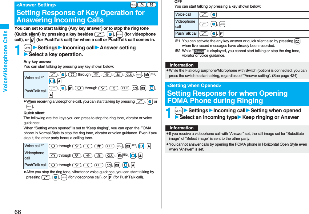 66Voice/Videophone CallsYou can set to start talking (Any key answer) or to stop the ring tone (Quick silent) by pressing a key besides d, Oo, m (for videophone call), or p (for PushTalk call) for when a call or PushTalk call comes in. 1mSettingsIncoming callAnswer settingSelect a key operation.Any key answerYou can start talking by pressing any key shown below:pWhen receiving a videophone call, you can start talking by pressing d, Oo or m.Quick silentThe following are the keys you can press to stop the ring tone, vibrator or voice guidance:When “Setting when opened” is set to “Keep ringing”, you can open the FOMA phone in Normal Style to stop the ring tone, vibrator or voice guidance. Even if you stop it, the other party hears a calling tone. pAfter you stop the ring tone, vibrator or voice guidance, you can start talking by pressing d, Oo, m (for videophone call), or p (for PushTalk call).+m-5-8&lt;Answer Setting&gt;Setting Response of Key Operation for Answering Incoming CallsVoice call※1d, Oo, 0 through 9, a, s, r, m, c※2, No, &lt;PushTalk call d, Oo, p, 0 through 9, a, r, l, c, Bo, &lt;Voice call※10 through 9, a, s, r, m, c※2, No, &lt;Videophone call 0 through 9, a, s, r, c※2, No, &lt;PushTalk call 0 through 9, a, r, l, c, Bo, &lt;OFFYou can start talking by pressing a key shown below:※1 You can activate the any key answer or quick silent also by pressing l when five record messages have already been recorded.※2 While “ ” is displayed, you cannot start talking or stop the ring tone, vibrator or voice guidance. 1mSettingsIncoming callSetting when openedSelect an incoming typeKeep ringing or AnswerVoice call d, OoVideophone call d, Oo, mPushTalk call d, Oo, pInformationpWhile the Flat-plug Earphone/Microphone with Switch (option) is connected, you can press the switch to start talking, regardless of “Answer setting”. (See page 424)&lt;Setting when Opened&gt;Setting Response for when Opening FOMA Phone during RingingInformationpIf you receive a videophone call with “Answer” set, the still image set for “Substitute image” of “Select image” is sent to the other party.pYou cannot answer calls by opening the FOMA phone in Horizontal Open Style even when “Answer” is set.