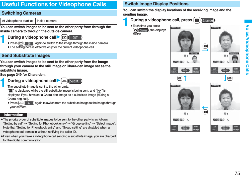 75Voice/Videophone CallsYou can switch images to be sent to the other party from through the inside camera to through the outside camera.1During a videophone calll()pPress l( ) again to switch to the image through the inside camera.pThe setting here is effective only for the current videophone call.You can switch images to be sent to the other party from the image through your camera to the still image or Chara-den image set as the substitute image.See page 349 for Chara-den.1During a videophone callm()The substitute image is sent to the other party.“ ” is displayed while the still substitute image is being sent, and “ ” is displayed if you have set a Chara-den image as a substitute image (during a Chara-den call).pPress m( ) again to switch from the substitute image to the image through your camera.Useful Functions for Videophone CallsSwitching CamerasAt videophone start-up Inside cameraSend Substitute ImagesInformationpThe priority order of substitute images to be sent to the other party is as follows: “Setting by call” → “Setting for Phonebook entry” → “Group setting” → “Select image”. Note that “Setting for Phonebook entry” and “Group setting” are disabled when a videophone call comes in without notifying the caller ID.pEven when you make a videophone call sending a substitute image, you are charged for the digital communication.You can switch the display locations of the receiving image and the sending image.1During a videophone call, pressc().pEach time you press c( ), the displays switch.Switch Image Display Positions+cc+cc