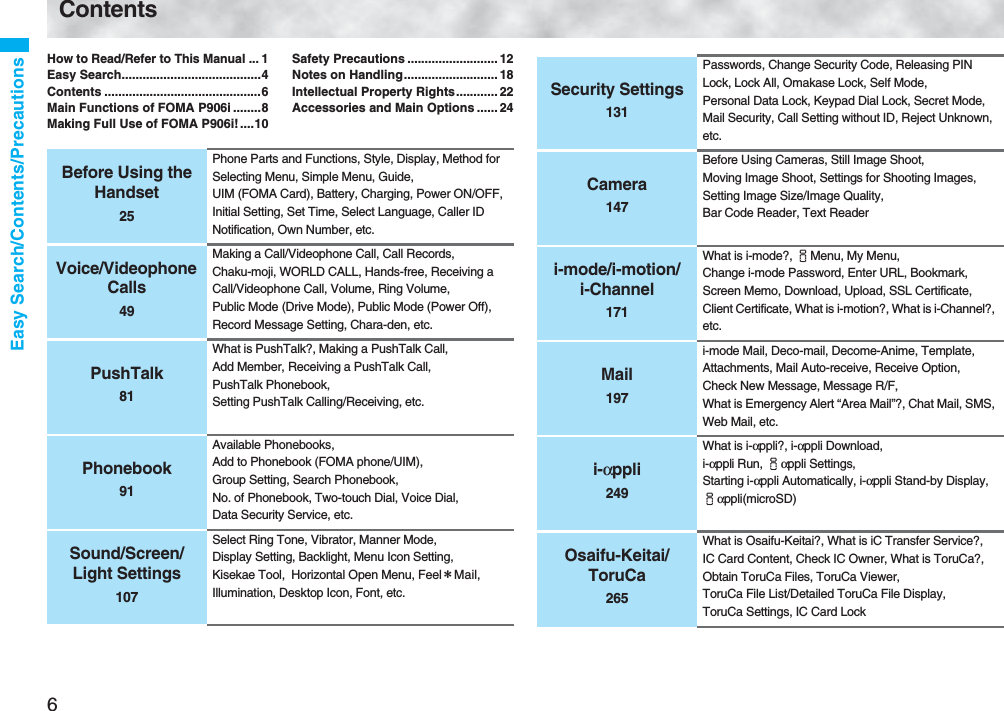6Easy Search/Contents/PrecautionsContentsHow to Read/Refer to This Manual ... 1Easy Search........................................4Contents .............................................6Main Functions of FOMA P906i ........8Making Full Use of FOMA P906i!....10Safety Precautions .......................... 12Notes on Handling........................... 18Intellectual Property Rights............ 22Accessories and Main Options ...... 24Before Using the Handset25Phone Parts and Functions, Style, Display, Method for Selecting Menu, Simple Menu, Guide, UIM (FOMA Card), Battery, Charging, Power ON/OFF, Initial Setting, Set Time, Select Language, Caller ID Notification, Own Number, etc.Voice/Videophone Calls49Making a Call/Videophone Call, Call Records, Chaku-moji, WORLD CALL, Hands-free, Receiving a Call/Videophone Call, Volume, Ring Volume, Public Mode (Drive Mode), Public Mode (Power Off), Record Message Setting, Chara-den, etc.PushTalk81What is PushTalk?, Making a PushTalk Call, Add Member, Receiving a PushTalk Call, PushTalk Phonebook, Setting PushTalk Calling/Receiving, etc.Phonebook91Available Phonebooks, Add to Phonebook (FOMA phone/UIM), Group Setting, Search Phonebook, No. of Phonebook, Two-touch Dial, Voice Dial, Data Security Service, etc.Sound/Screen/Light Settings107Select Ring Tone, Vibrator, Manner Mode, Display Setting, Backlight, Menu Icon Setting, Kisekae Tool,  Horizontal Open Menu, Feel＊Mail, Illumination, Desktop Icon, Font, etc.Security Settings131Passwords, Change Security Code, Releasing PIN Lock, Lock All, Omakase Lock, Self Mode, Personal Data Lock, Keypad Dial Lock, Secret Mode, Mail Security, Call Setting without ID, Reject Unknown, etc.Camera147Before Using Cameras, Still Image Shoot, Moving Image Shoot, Settings for Shooting Images, Setting Image Size/Image Quality, Bar Code Reader, Text Readeri-mode/i-motion/i-Channel171What is i-mode?, iMenu, My Menu, Change i-mode Password, Enter URL, Bookmark, Screen Memo, Download, Upload, SSL Certificate, Client Certificate, What is i-motion?, What is i-Channel?, etc.Mail197i-mode Mail, Deco-mail, Decome-Anime, Template, Attachments, Mail Auto-receive, Receive Option, Check New Message, Message R/F, What is Emergency Alert “Area Mail”?, Chat Mail, SMS, Web Mail, etc.i-αppli249What is i-αppli?, i-αppli Download, i-αppli Run, iαppli Settings, Starting i-αppli Automatically, i-αppli Stand-by Display, iαppli(microSD)Osaifu-Keitai/ToruCa265What is Osaifu-Keitai?, What is iC Transfer Service?, IC Card Content, Check IC Owner, What is ToruCa?, Obtain ToruCa Files, ToruCa Viewer, ToruCa File List/Detailed ToruCa File Display, ToruCa Settings, IC Card Lock