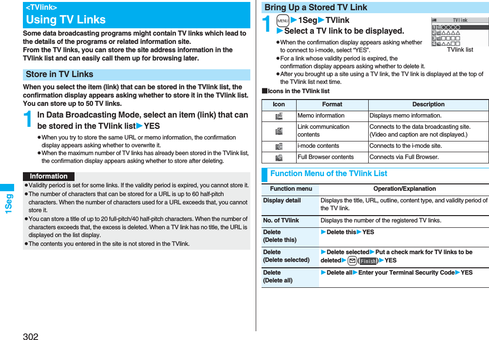 3021SegSome data broadcasting programs might contain TV links which lead to the details of the programs or related information site. From the TV links, you can store the site address information in the TVlink list and can easily call them up for browsing later.When you select the item (link) that can be stored in the TVlink list, the confirmation display appears asking whether to store it in the TVlink list.You can store up to 50 TV links.1In Data Broadcasting Mode, select an item (link) that can be stored in the TVlink listYESpWhen you try to store the same URL or memo information, the confirmation display appears asking whether to overwrite it.pWhen the maximum number of TV links has already been stored in the TVlink list, the confirmation display appears asking whether to store after deleting.&lt;TVlink&gt;Using TV LinksStore in TV LinksInformationpValidity period is set for some links. If the validity period is expired, you cannot store it.pThe number of characters that can be stored for a URL is up to 60 half-pitch characters. When the number of characters used for a URL exceeds that, you cannot store it.pYou can store a title of up to 20 full-pitch/40 half-pitch characters. When the number of characters exceeds that, the excess is deleted. When a TV link has no title, the URL is displayed on the list display.pThe contents you entered in the site is not stored in the TVlink.1m1SegTVlinkSelect a TV link to be displayed.pWhen the confirmation display appears asking whether to connect to i-mode, select “YES”.pFor a link whose validity period is expired, the confirmation display appears asking whether to delete it.pAfter you brought up a site using a TV link, the TV link is displayed at the top of the TVlink list next time.■Icons in the TVlink listBring Up a Stored TV LinkTVlink listIcon Format DescriptionMemo information Displays memo information.Link communication contentsConnects to the data broadcasting site. (Video and caption are not displayed.)i-mode contents Connects to the i-mode site.Full Browser contents Connects via Full Browser.Function Menu of the TVlink ListFunction menu Operation/ExplanationDisplay detail Displays the title, URL, outline, content type, and validity period of the TV link.No. of TVlink Displays the number of the registered TV links.Delete(Delete this)Delete thisYESDelete(Delete selected)Delete selectedPut a check mark for TV links to be deletedl()YESDelete(Delete all)Delete allEnter your Terminal Security CodeYES