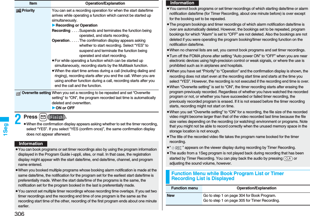 3061Seg2Press l().pWhen the confirmation display appears asking whether to set the timer recording, select “YES”. If you select “YES (confirm once)”, the same confirmation display does not appear afterward.Priority You can set a recording operation for when the start date/time arrives while operating a function which cannot be started up simultaneously.Recording or OperationRecording . . . . Suspends and terminates the function being operated, and starts recording.Operation. . . . . The confirmation display appears asking whether to start recording. Select “YES” to suspend and terminate the function being operated and start recording.pFor while operating a function which can be started up simultaneously, recording starts by the Multitask function.pWhen the start time arrives during a call (including dialing and ringing), recording starts after you end the call. When you are using another function during a call, recording starts after you end the call and the function.Overwrite settingWhen you set a recording to be repeated and set “Overwrite setting” to “ON”, the program recorded last time is automatically deleted and overwritten.ON or OFFItem Operation/ExplanationInformationpYou can book programs or set timer recordings also by using the program information displayed in the Program Guide i-αppli, sites, or mail. In that case, the registration display might appear with the start date/time, end date/time, channel, and program name entered.pWhen you booked multiple programs whose booking alarm notification is made at the same date/time, the notification for the program set for the earliest start date/time is preferentially made. When the start date/time of the programs is the same, the notification set for the program booked in the last is preferentially made.pYou cannot set multiple timer recordings whose recording time overlaps. If you set two timer recordings and the recording end time of one program is the same as the recording start time of the other, recording of the first program ends about one minute earlier.pYou cannot book programs or set timer recordings of which starting date/time or alarm notification date/time (for Timer Recording, about one minute before) is over except for the booking set to be repeated.pThe program bookings and timer recordings of which alarm notification date/time is over are automatically deleted. However, the bookings set to be repeated, program bookings for which “Alarm” is set to “OFF” are not deleted. Also the bookings are not deleted if you were operating the program booking/timer recording function on the notification date/time.pWhen no channel lists are set, you cannot book programs and set timer recordings.pTurn off the FOMA phone after setting “Auto power ON” to “OFF” when you are near electronic devices using high-precision control or weak signals, or where the use is prohibited such as in airplanes and hospitals.pWhen you have set “Priority” to “Operation” and the confirmation display is shown, the recording does not start even at the recording start time and starts at the time you select “YES”. However, the recording is not executed if the recording end time is over.pWhen “Overwrite setting” is set to “ON”, the timer recording starts after erasing the program previously recorded. Regardless of whether you have watched the recorded program or not, or whether you have succeeded or failed timer recording, the previously recorded program is erased. If it is not erased before the timer recording starts, recording might not start on time.pWhen you set “Overwrite setting” to “ON” for a recording, the file size of the recorded video might become larger than that of the video recorded last time because the file size varies depending on the recording (or watching) environment or programs. Note that you might not be able to record correctly when the unused memory space in the storage location is not enough.pThe title of the recorded video file takes the program name booked for the timer recording.p“ ” appears on the viewer display during recording by Timer Recording.pThe audio from a 1Seg program is not played back during recording that has been started by Timer Recording. You can play back the audio by pressing -r or adjusting the sound volume, however.Function Menu while Book Program List or Timer Recording List is DisplayedInformationFunction menu Operation/ExplanationNew Go to step 1 on page 304 for Book Program.Go to step 1 on page 305 for Timer Recording.