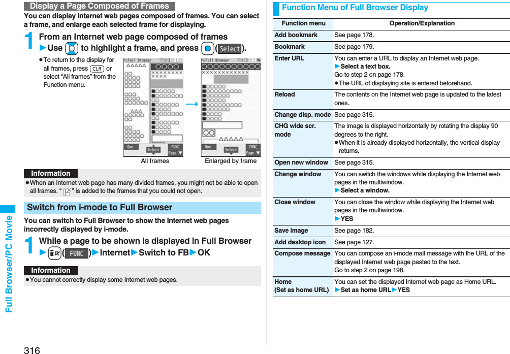 316Full Browser/PC MovieYou can display Internet web pages composed of frames. You can select a frame, and enlarge each selected frame for displaying.1From an Internet web page composed of framesUse Bo to highlight a frame, and press Oo().pTo return to the display for all frames, press r or select “All frames” from the Function menu.You can switch to Full Browser to show the Internet web pages incorrectly displayed by i-mode.1While a page to be shown is displayed in Full Browseri()InternetSwitch to FBOKDisplay a Page Composed of FramesAll frames Enlarged by frameInformationpWhen an Internet web page has many divided frames, you might not be able to open all frames. “ ” is added to the frames that you could not open.Switch from i-mode to Full BrowserInformationpYou cannot correctly display some Internet web pages.Function Menu of Full Browser DisplayFunction menu Operation/ExplanationAdd bookmark See page 178.Bookmark See page 179.Enter URL You can enter a URL to display an Internet web page.Select a text box.Go to step 2 on page 178.pThe URL of displaying site is entered beforehand.Reload The contents on the Internet web page is updated to the latest ones.Change disp. mode See page 315.CHG wide scr. modeThe image is displayed horizontally by rotating the display 90 degrees to the right.pWhen it is already displayed horizontally, the vertical display returns.Open new window See page 315.Change window You can switch the windows while displaying the Internet web pages in the multiwindow.Select a window.Close window You can close the window while displaying the Internet web pages in the multiwindow.YESSave image See page 182.Add desktop icon See page 127.Compose message You can compose an i-mode mail message with the URL of the displayed Internet web page pasted to the text.Go to step 2 on page 198.Home(Set as home URL)You can set the displayed Internet web page as Home URL.Set as home URLYES