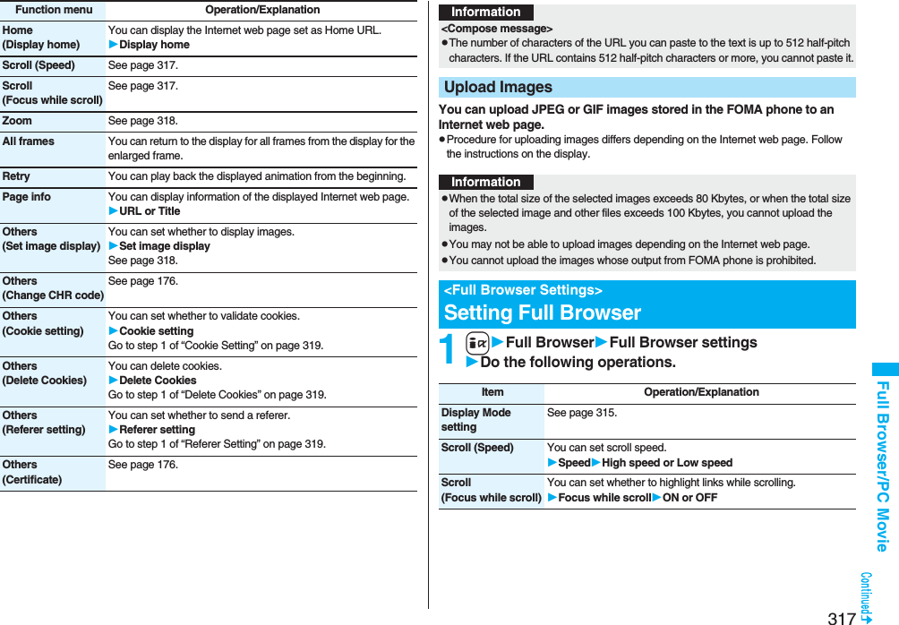 317Full Browser/PC MovieHome(Display home)You can display the Internet web page set as Home URL.Display homeScroll (Speed) See page 317.Scroll(Focus while scroll)See page 317.Zoom See page 318.All frames You can return to the display for all frames from the display for the enlarged frame.Retry You can play back the displayed animation from the beginning.Page info You can display information of the displayed Internet web page.URL or TitleOthers(Set image display)You can set whether to display images.Set image displaySee page 318.Others(Change CHR code)See page 176.Others(Cookie setting)You can set whether to validate cookies.Cookie settingGo to step 1 of “Cookie Setting” on page 319.Others(Delete Cookies)You can delete cookies.Delete CookiesGo to step 1 of “Delete Cookies” on page 319.Others(Referer setting)You can set whether to send a referer.Referer settingGo to step 1 of “Referer Setting” on page 319.Others(Certificate)See page 176.Function menu Operation/ExplanationYou can upload JPEG or GIF images stored in the FOMA phone to an Internet web page.pProcedure for uploading images differs depending on the Internet web page. Follow the instructions on the display.1iFull BrowserFull Browser settingsDo the following operations.Information&lt;Compose message&gt;pThe number of characters of the URL you can paste to the text is up to 512 half-pitch characters. If the URL contains 512 half-pitch characters or more, you cannot paste it.Upload ImagesInformationpWhen the total size of the selected images exceeds 80 Kbytes, or when the total size of the selected image and other files exceeds 100 Kbytes, you cannot upload the images.pYou may not be able to upload images depending on the Internet web page.pYou cannot upload the images whose output from FOMA phone is prohibited.&lt;Full Browser Settings&gt;Setting Full BrowserItem Operation/ExplanationDisplay Mode settingSee page 315.Scroll (Speed) You can set scroll speed.SpeedHigh speed or Low speedScroll(Focus while scroll)You can set whether to highlight links while scrolling.Focus while scrollON or OFF