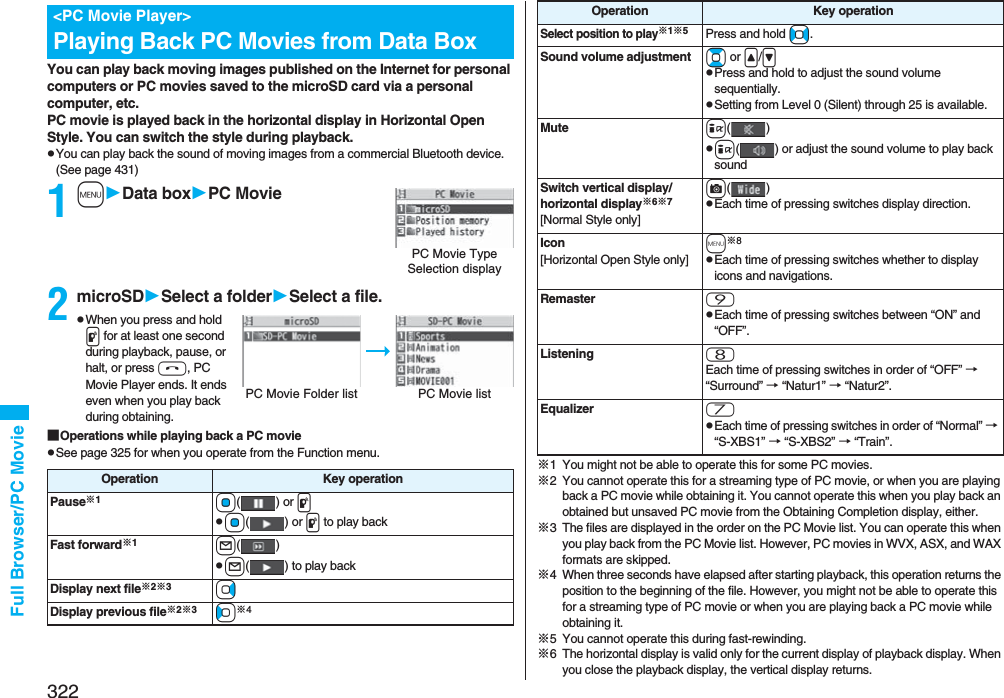 322Full Browser/PC MovieYou can play back moving images published on the Internet for personal computers or PC movies saved to the microSD card via a personal computer, etc.PC movie is played back in the horizontal display in Horizontal Open Style. You can switch the style during playback.pYou can play back the sound of moving images from a commercial Bluetooth device. (See page 431)1mData boxPC Movie2microSDSelect a folderSelect a file.pWhen you press and hold p for at least one second during playback, pause, or halt, or press h, PC Movie Player ends. It ends even when you play back during obtaining.■Operations while playing back a PC moviepSee page 325 for when you operate from the Function menu.&lt;PC Movie Player&gt;Playing Back PC Movies from Data BoxPC Movie Type Selection displayPC Movie Folder list PC Movie listOperation Key operationPause※1Oo() or ppOo() or p to play backFast forward※1l()pl( ) to play backDisplay next file※2※3VoDisplay previous file※2※3Co※4※1 You might not be able to operate this for some PC movies.※2 You cannot operate this for a streaming type of PC movie, or when you are playing back a PC movie while obtaining it. You cannot operate this when you play back an obtained but unsaved PC movie from the Obtaining Completion display, either.※3 The files are displayed in the order on the PC Movie list. You can operate this when you play back from the PC Movie list. However, PC movies in WVX, ASX, and WAX formats are skipped.※4 When three seconds have elapsed after starting playback, this operation returns the position to the beginning of the file. However, you might not be able to operate this for a streaming type of PC movie or when you are playing back a PC movie while obtaining it.※5 You cannot operate this during fast-rewinding.※6 The horizontal display is valid only for the current display of playback display. When you close the playback display, the vertical display returns.Select position to play※1※5Press and hold No.Sound volume adjustment Bo or &lt;/&gt;pPress and hold to adjust the sound volume sequentially.pSetting from Level 0 (Silent) through 25 is available.Mute i()pi( ) or adjust the sound volume to play back soundSwitch vertical display/horizontal display※6※7[Normal Style only]c()pEach time of pressing switches display direction.Icon[Horizontal Open Style only]m※8pEach time of pressing switches whether to display icons and navigations.Remaster 9pEach time of pressing switches between “ON” and “OFF”.Listening 8Each time of pressing switches in order of “OFF” → “Surround” → “Natur1” → “Natur2”.Equalizer 7pEach time of pressing switches in order of “Normal” → “S-XBS1” → “S-XBS2” → “Train”.Operation Key operation