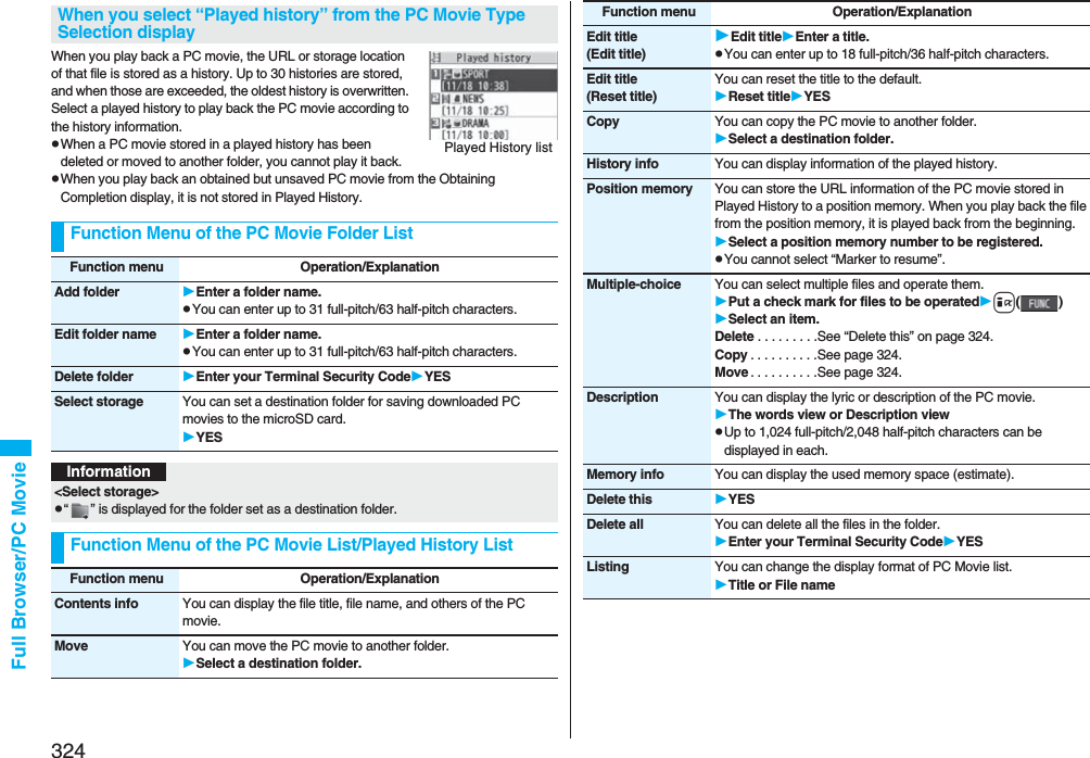 324Full Browser/PC MovieWhen you play back a PC movie, the URL or storage location of that file is stored as a history. Up to 30 histories are stored, and when those are exceeded, the oldest history is overwritten. Select a played history to play back the PC movie according to the history information.pWhen a PC movie stored in a played history has been deleted or moved to another folder, you cannot play it back.pWhen you play back an obtained but unsaved PC movie from the Obtaining Completion display, it is not stored in Played History.When you select “Played history” from the PC Movie Type Selection displayFunction Menu of the PC Movie Folder ListPlayed History listFunction menu Operation/ExplanationAdd folder Enter a folder name.pYou can enter up to 31 full-pitch/63 half-pitch characters.Edit folder name Enter a folder name.pYou can enter up to 31 full-pitch/63 half-pitch characters.Delete folder Enter your Terminal Security CodeYESSelect storage You can set a destination folder for saving downloaded PC movies to the microSD card.YESInformation&lt;Select storage&gt;p“ ” is displayed for the folder set as a destination folder.Function Menu of the PC Movie List/Played History ListFunction menu Operation/ExplanationContents info You can display the file title, file name, and others of the PC movie.Move You can move the PC movie to another folder. Select a destination folder.Edit title(Edit title)Edit titleEnter a title.pYou can enter up to 18 full-pitch/36 half-pitch characters.Edit title(Reset title)You can reset the title to the default.Reset titleYESCopy You can copy the PC movie to another folder.Select a destination folder.History info You can display information of the played history.Position memory You can store the URL information of the PC movie stored in Played History to a position memory. When you play back the file from the position memory, it is played back from the beginning.Select a position memory number to be registered.pYou cannot select “Marker to resume”.Multiple-choice You can select multiple files and operate them.Put a check mark for files to be operatedi()Select an item.Delete . . . . . . . . .See “Delete this” on page 324.Copy . . . . . . . . . .See page 324.Move . . . . . . . . . .See page 324.Description You can display the lyric or description of the PC movie.The words view or Description viewpUp to 1,024 full-pitch/2,048 half-pitch characters can be displayed in each.Memory info You can display the used memory space (estimate).Delete this YESDelete all You can delete all the files in the folder.Enter your Terminal Security CodeYESListing You can change the display format of PC Movie list.Title or File nameFunction menu Operation/Explanation