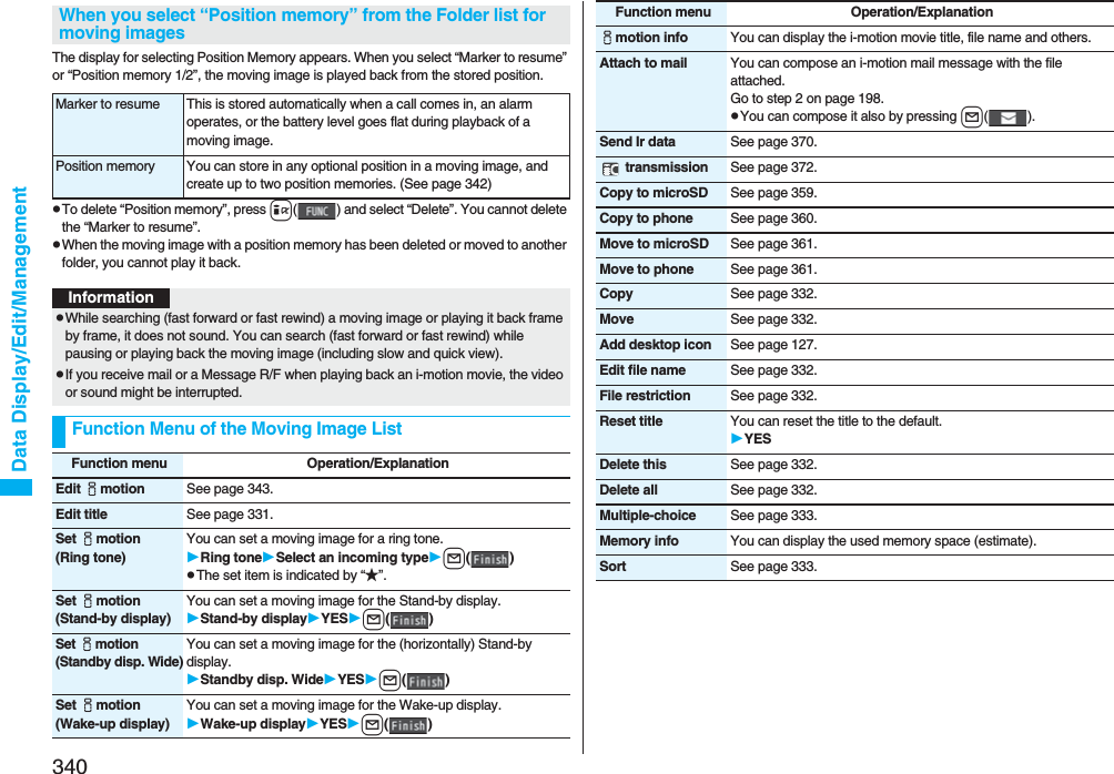 340Data Display/Edit/ManagementThe display for selecting Position Memory appears. When you select “Marker to resume” or “Position memory 1/2”, the moving image is played back from the stored position.pTo delete “Position memory”, press i( ) and select “Delete”. You cannot delete the “Marker to resume”.pWhen the moving image with a position memory has been deleted or moved to another folder, you cannot play it back.When you select “Position memory” from the Folder list for moving imagesMarker to resume This is stored automatically when a call comes in, an alarm operates, or the battery level goes flat during playback of a moving image.Position memory You can store in any optional position in a moving image, and create up to two position memories. (See page 342)InformationpWhile searching (fast forward or fast rewind) a moving image or playing it back frame by frame, it does not sound. You can search (fast forward or fast rewind) while pausing or playing back the moving image (including slow and quick view).pIf you receive mail or a Message R/F when playing back an i-motion movie, the video or sound might be interrupted.Function Menu of the Moving Image ListFunction menu Operation/ExplanationEdit imotion See page 343.Edit title See page 331.Set imotion(Ring tone)You can set a moving image for a ring tone.Ring toneSelect an incoming typel()pThe set item is indicated by “★”.Set imotion(Stand-by display)You can set a moving image for the Stand-by display.Stand-by displayYESl()Set imotion(Standby disp. Wide)You can set a moving image for the (horizontally) Stand-by display.Standby disp. WideYESl()Set imotion(Wake-up display)You can set a moving image for the Wake-up display.Wake-up displayYESl()imotion info You can display the i-motion movie title, file name and others.Attach to mail You can compose an i-motion mail message with the file attached.Go to step 2 on page 198.pYou can compose it also by pressing l().Send Ir data See page 370. transmission See page 372.Copy to microSD See page 359.Copy to phone See page 360.Move to microSD See page 361.Move to phone See page 361.Copy See page 332.Move See page 332.Add desktop icon See page 127.Edit file name See page 332.File restriction See page 332.Reset title You can reset the title to the default.YESDelete this See page 332.Delete all See page 332.Multiple-choice See page 333.Memory info You can display the used memory space (estimate).Sort See page 333.Function menu Operation/Explanation