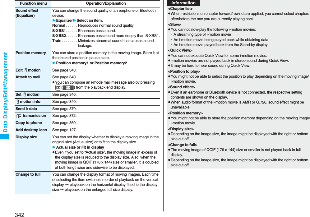 342Data Display/Edit/ManagementSound effect(Equalizer)You can change the sound quality of an earphone or Bluetooth device.EqualizerSelect an item.Normal . . . . . . Reproduces normal sound quality.S-XBS1. . . . . . Enhances bass sound.S-XBS2. . . . . . Enhances bass sound more deeply than S-XBS1.Train . . . . . . . . Minimizes abnormal sound that causes sound leakage.Position memory You can store a position memory in the moving image. Store it at the desired position in pause state.Position memory1 or Position memory2Edit imotion See page 343.Attach to mail See page 340.pYou can compose an i-mode mail message also by pressing l( ) from the playback end display.Set imotion See page 340.imotion info See page 340.Send Ir data See page 370. transmission See page 372.Copy to phone See page 360.Add desktop icon See page 127.Display size You can set the display whether to display a moving image in the original size (Actual size) or to fit to the display size.Actual size or Fit in displaypEven if you set to “Actual size”, the moving image in excess of the display size is reduced to the display size. Also, when the moving image is QCIF (176 x 144) size or smaller, it is doubled at both lengthwise and sidewise to be displayed.Change to full You can change the display format of moving images. Each time of selecting the item switches in order of playback on the vertical display → playback on the horizontal display fitted to the display size → playback on the enlarged full size display.Function menu Operation/ExplanationInformation&lt;Chapter list&gt;pWhen restrictions on chapter forward/rewind are applied, you cannot select chapters after/before the one you are currently playing back.&lt;Slow&gt;pYou cannot slow-play the following i-motion movies:・A streaming type of i-motion movie・An i-motion movie being played back while obtaining data・An i-motion movie played back from the Stand-by display&lt;Quick View&gt;pYou cannot execute Quick View for some i-motion movies.pi-motion movies are not played back in stereo sound during Quick View.pIt may be hard to hear sound during Quick View.&lt;Position to play&gt;pYou might not be able to select the position to play depending on the moving image/i-motion movie.&lt;Sound effect&gt;pEven if an earphone or Bluetooth device is not connected, the respective setting contents are shown on the display.pWhen audio format of the i-motion movie is AMR or G.726, sound effect might be unavailable.&lt;Position memory&gt;pYou might not be able to store the position memory depending on the moving image/i-motion movie.&lt;Display size&gt;pDepending on the image size, the image might be displayed with the right or bottom side cut off.&lt;Change to full&gt;pThe moving image of QCIF (176 x 144) size or smaller is not played back in full display.pDepending on the image size, the image might be displayed with the right or bottom side cut off.