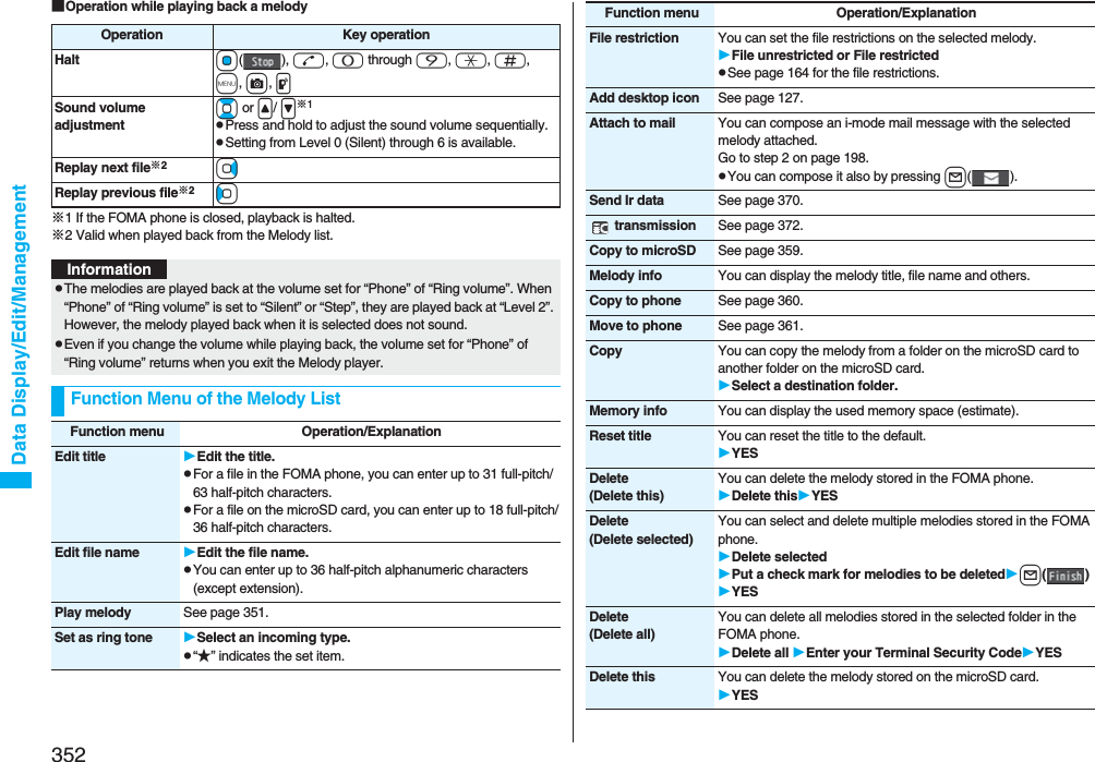 352Data Display/Edit/Management■Operation while playing back a melody※1 If the FOMA phone is closed, playback is halted.※2 Valid when played back from the Melody list.Operation Key operationHalt Oo(), d, 0 through 9, a, s, m, c, pSound volume adjustmentBo or &lt;/ &gt;※1pPress and hold to adjust the sound volume sequentially.pSetting from Level 0 (Silent) through 6 is available.Replay next file※2VoReplay previous file※2CoInformationpThe melodies are played back at the volume set for “Phone” of “Ring volume”. When “Phone” of “Ring volume” is set to “Silent” or “Step”, they are played back at “Level 2”. However, the melody played back when it is selected does not sound.pEven if you change the volume while playing back, the volume set for “Phone” of “Ring volume” returns when you exit the Melody player.Function Menu of the Melody ListFunction menu Operation/ExplanationEdit title Edit the title.pFor a file in the FOMA phone, you can enter up to 31 full-pitch/63 half-pitch characters.pFor a file on the microSD card, you can enter up to 18 full-pitch/36 half-pitch characters.Edit file name Edit the file name.pYou can enter up to 36 half-pitch alphanumeric characters (except extension).Play melody See page 351.Set as ring tone Select an incoming type.p“★” indicates the set item.File restriction You can set the file restrictions on the selected melody.File unrestricted or File restrictedpSee page 164 for the file restrictions.Add desktop icon See page 127.Attach to mail You can compose an i-mode mail message with the selected melody attached.Go to step 2 on page 198.pYou can compose it also by pressing l().Send Ir data See page 370. transmission See page 372.Copy to microSD See page 359.Melody info You can display the melody title, file name and others.Copy to phone See page 360.Move to phone See page 361.Copy You can copy the melody from a folder on the microSD card to another folder on the microSD card.Select a destination folder.Memory info You can display the used memory space (estimate).Reset title You can reset the title to the default.YESDelete(Delete this)You can delete the melody stored in the FOMA phone.Delete thisYESDelete(Delete selected)You can select and delete multiple melodies stored in the FOMA phone.Delete selectedPut a check mark for melodies to be deletedl()YESDelete(Delete all)You can delete all melodies stored in the selected folder in the FOMA phone.Delete all Enter your Terminal Security CodeYESDelete this You can delete the melody stored on the microSD card.YESFunction menu Operation/Explanation