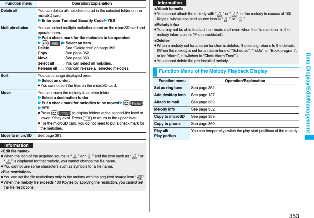 353Data Display/Edit/ManagementDelete all You can delete all melodies stored in the selected folder on the microSD card.Enter your Terminal Security CodeYESMultiple-choice You can select multiple melodies stored on the microSD card and operate them.Put a check mark for the melodies to be operatedi()Select an item.Delete . . . . . . .  See “Delete this” on page 352.Copy . . . . . . . .  See page 352.Move . . . . . . . .  See page 353.Select all . . . . .  You can select all melodies.Release all . . .  You can release all selected melodies.Sort You can change displayed order.Select an order.pYou cannot sort the files on the microSD card.Move You can move the melody to another folder.Select a destination folderPut a check mark for melodies to be movedl()YESpPress l( ) to display folders at the second-tier level or lower, if they exist. Press r to return to the upper level.pFor the microSD card, you do not need to put a check mark for the melodies.Move to microSD See page 361.Function menu Operation/ExplanationInformation&lt;Edit file name&gt;pWhen the icon of the acquired source is “ ” or “ ” and the icon such as “ ” or “ ” is displayed for that melody, you cannot change the file name.pYou cannot use some characters such as symbols for a file name.&lt;File restriction&gt;pYou can set the file restrictions only to the melody with the acquired source icon “ ”.pWhen the melody file exceeds 100 Kbytes by applying the restriction, you cannot set the file restrictions.&lt;Attach to mail&gt;pYou cannot attach the melody with “ ” or “ ”, or the melody in excess of 100 Kbytes, whose acquired source icon is “ ” or “ ”.&lt;Melody info&gt;pYou may not be able to attach to i-mode mail even when the file restriction in the melody information is “File unrestricted”.&lt;Delete&gt;pWhen a melody set for another function is deleted, the setting returns to the default. (When the melody is set for an alarm tone of “Schedule”, “ToDo”, or “Book program”, or for “Alarm”, it switches to “Clock Alarm Tone”.)pYou cannot delete the pre-installed melody.Function Menu of the Melody Playback DisplayInformationFunction menu Operation/ExplanationSet as ring tone See page 352.Add desktop icon See page 127.Attach to mail See page 352.Melody info See page 352.Copy to microSD See page 359.Copy to phone See page 360.Play all/Play portionYou can temporarily switch the play start positions of the melody.