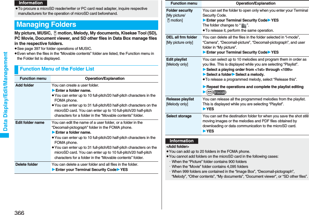 366Data Display/Edit/ManagementMy picture, MUSIC, imotion, Melody, My documents, Kisekae Tool (SD), PC Movie, Document viewer, and SD other files in Data Box manage files in the respective folders.pSee page 397 for folder operations of MUSIC.pEven when the files in the “Movable contents” folder are listed, the Function menu in the Folder list is displayed.pTo procure a microSD reader/writer or PC card read adapter, inquire respective manufacturers for the operation of microSD card beforehand.Managing FoldersFunction Menu of the Folder ListInformationFunction menu Operation/ExplanationAdd folder You can create a user folder.Enter a folder name.pYou can enter up to 10 full-pitch/20 half-pitch characters in the FOMA phone.pYou can enter up to 31 full-pitch/63 half-pitch characters on the microSD card. You can enter up to 10 full-pitch/20 half-pitch characters for a folder in the “Movable contents” folder.Edit folder name You can edit the name of a user folder, or a folder in the “Decomail-pictograph” folder in the FOMA phone.Enter a folder name.pYou can enter up to 10 full-pitch/20 half-pitch characters in the FOMA phone.pYou can enter up to 31 full-pitch/63 half-pitch characters on the microSD card. You can enter up to 10 full-pitch/20 half-pitch characters for a folder in the “Movable contents” folder.Delete folder You can delete a user folder and all files in the folder.Enter your Terminal Security CodeYESFolder security[My picture/imotion]You can set the folder to open only when you enter your Terminal Security Code.Enter your Terminal Security CodeYESThe folder changes to “ ”.pTo release it, perform the same operation.DEL all frm folder[My picture only]You can delete all the files in the folder selected in “i-mode”, “Camera”, “Decomail-picture”, “Decomail-pictograph”, and user folder in “My picture”.Enter your Terminal Security CodeYESEdit playlist[Melody only]You can select up to 10 melodies and program them in order as you like. This is displayed while you are selecting “Playlist”.Select a playing order from &lt;1st&gt; through &lt;10th&gt;Select a folderSelect a melody.pTo release a programmed melody, select “Release this”.Repeat the operations and complete the playlist editingl()Release playlist[Melody only]You can release all the programmed melodies from the playlist. This is displayed while you are selecting “Playlist”.YESSelect storage You can set the destination folder for when you save the shot still/moving images or the melodies and PDF files obtained by downloading or data communication to the microSD card.YESFunction menu Operation/ExplanationInformation&lt;Add folder&gt;pYou can add up to 20 folders in the FOMA phone.pYou cannot add folders on the microSD card in the following cases:・When the “Picture” folder contains 900 folders・When the “Movie” folder contains 4,095 folders・When 999 folders are contained in the “Image Box”, “Decomail-pictograph”, “Melody”, “Other contents”, “My documents”, “Document viewer”, or “SD other files”.