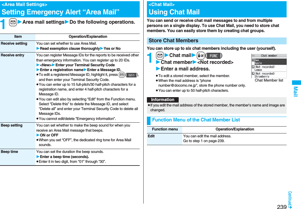 239Mail1lArea mail settingsDo the following operations.&lt;Area Mail Settings&gt;Setting Emergency Alert “Area Mail”Item Operation/ExplanationReceive setting You can set whether to use Area Mail.Read exemption clause thoroughlyYes or NoReceive entry You can register Message IDs for the reports to be received other than emergency information. You can register up to 20 IDs.&lt;New&gt;Enter your Terminal Security CodeEnter a registration nameEnter a Message ID.pTo edit a registered Message ID, highlight it, press l(), and then enter your Terminal Security Code.pYou can enter up to 15 full-pitch/30 half-pitch characters for a registration name, and enter 4 half-pitch characters for a Message ID.pYou can edit also by selecting “Edit” from the Function menu. Select “Delete this” to delete the Message ID, and select “Delete all” and enter your Terminal Security Code to delete all Message IDs.pYou cannot edit/delete “Emergency information”.Beep setting You can set whether to make the beep sound for when you receive an Area Mail message that beeps.ON or OFFpWhen you set “OFF”, the dedicated ring tone for Area Mail sounds.Beep time You can set the duration the beep sounds.Enter a beep time (seconds).pEnter it in two digit, from “01” through “30”.You can send or receive chat mail messages to and from multiple persons on a single display. To use Chat Mail, you need to store chat members. You can easily store them by creating chat groups.You can store up to six chat members including the user (yourself).1lChat maili()Chat member&lt;Not recorded&gt;Enter a mail address.pTo edit a stored member, select the member.pWhen the mail address is “phone number@docomo.ne.jp”, store the phone number only.pYou can enter up to 50 half-pitch characters.&lt;Chat Mail&gt;Using Chat MailStore Chat MembersChat Member listInformationpIf you edit the mail address of the stored member, the member’s name and image are changed.Function Menu of the Chat Member ListFunction menu Operation/ExplanationEdit You can edit the mail address.Go to step 1 on page 239.