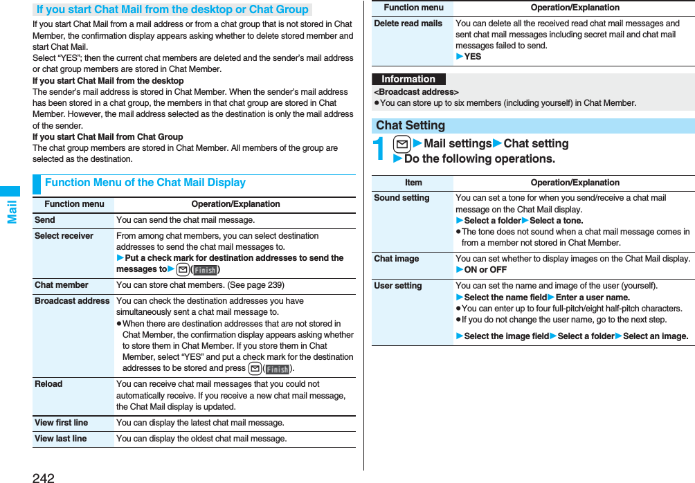242MailIf you start Chat Mail from a mail address or from a chat group that is not stored in Chat Member, the confirmation display appears asking whether to delete stored member and start Chat Mail.Select “YES”; then the current chat members are deleted and the sender’s mail address or chat group members are stored in Chat Member.If you start Chat Mail from the desktopThe sender’s mail address is stored in Chat Member. When the sender’s mail address has been stored in a chat group, the members in that chat group are stored in Chat Member. However, the mail address selected as the destination is only the mail address of the sender.If you start Chat Mail from Chat GroupThe chat group members are stored in Chat Member. All members of the group are selected as the destination.If you start Chat Mail from the desktop or Chat GroupFunction Menu of the Chat Mail DisplayFunction menu Operation/ExplanationSend You can send the chat mail message.Select receiver From among chat members, you can select destination addresses to send the chat mail messages to.Put a check mark for destination addresses to send the messages tol()Chat member You can store chat members. (See page 239)Broadcast address You can check the destination addresses you have simultaneously sent a chat mail message to.pWhen there are destination addresses that are not stored in Chat Member, the confirmation display appears asking whether to store them in Chat Member. If you store them in Chat Member, select “YES” and put a check mark for the destination addresses to be stored and press l().Reload You can receive chat mail messages that you could not automatically receive. If you receive a new chat mail message, the Chat Mail display is updated.View first line You can display the latest chat mail message.View last line You can display the oldest chat mail message.1lMail settingsChat settingDo the following operations.Delete read mails You can delete all the received read chat mail messages and sent chat mail messages including secret mail and chat mail messages failed to send.YESFunction menu Operation/ExplanationInformation&lt;Broadcast address&gt;pYou can store up to six members (including yourself) in Chat Member.Chat SettingItem Operation/ExplanationSound setting You can set a tone for when you send/receive a chat mail message on the Chat Mail display.Select a folderSelect a tone.pThe tone does not sound when a chat mail message comes in from a member not stored in Chat Member.Chat image You can set whether to display images on the Chat Mail display.ON or OFFUser setting You can set the name and image of the user (yourself).Select the name fieldEnter a user name.pYou can enter up to four full-pitch/eight half-pitch characters.pIf you do not change the user name, go to the next step.Select the image fieldSelect a folderSelect an image.