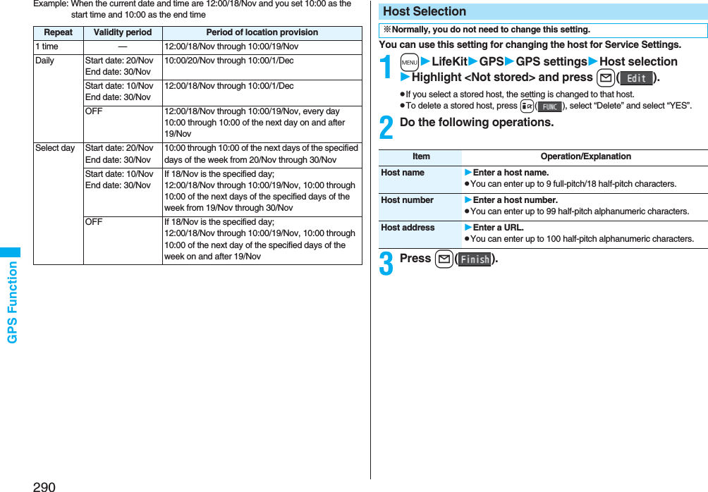 290GPS FunctionExample: When the current date and time are 12:00/18/Nov and you set 10:00 as the start time and 10:00 as the end timeRepeat Validity period Period of location provision1 time — 12:00/18/Nov through 10:00/19/NovDaily Start date: 20/NovEnd date: 30/Nov10:00/20/Nov through 10:00/1/DecStart date: 10/NovEnd date: 30/Nov12:00/18/Nov through 10:00/1/DecOFF 12:00/18/Nov through 10:00/19/Nov, every day 10:00 through 10:00 of the next day on and after 19/NovSelect day Start date: 20/NovEnd date: 30/Nov10:00 through 10:00 of the next days of the specified days of the week from 20/Nov through 30/NovStart date: 10/NovEnd date: 30/NovIf 18/Nov is the specified day;12:00/18/Nov through 10:00/19/Nov, 10:00 through 10:00 of the next days of the specified days of the week from 19/Nov through 30/Nov OFF If 18/Nov is the specified day;12:00/18/Nov through 10:00/19/Nov, 10:00 through 10:00 of the next day of the specified days of the week on and after 19/NovYou can use this setting for changing the host for Service Settings.1mLifeKitGPSGPS settingsHost selectionHighlight &lt;Not stored&gt; and press l().pIf you select a stored host, the setting is changed to that host.pTo delete a stored host, press i( ), select “Delete” and select “YES”.2Do the following operations.3Press l().Host Selection※Normally, you do not need to change this setting.Item Operation/ExplanationHost name Enter a host name.pYou can enter up to 9 full-pitch/18 half-pitch characters.Host number Enter a host number.pYou can enter up to 99 half-pitch alphanumeric characters.Host address Enter a URL.pYou can enter up to 100 half-pitch alphanumeric characters.