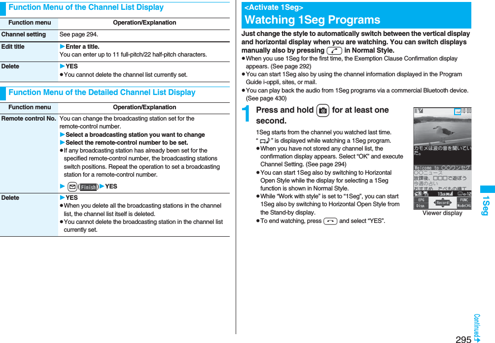 2951SegFunction Menu of the Channel List DisplayFunction menu Operation/ExplanationChannel setting See page 294.Edit title Enter a title.You can enter up to 11 full-pitch/22 half-pitch characters.Delete YESpYou cannot delete the channel list currently set.Function Menu of the Detailed Channel List DisplayFunction menu Operation/ExplanationRemote control No. You can change the broadcasting station set for the remote-control number.Select a broadcasting station you want to changeSelect the remote-control number to be set.pIf any broadcasting station has already been set for the specified remote-control number, the broadcasting stations switch positions. Repeat the operation to set a broadcasting station for a remote-control number. l()YESDelete YESpWhen you delete all the broadcasting stations in the channel list, the channel list itself is deleted. pYou cannot delete the broadcasting station in the channel list currently set.Just change the style to automatically switch between the vertical display and horizontal display when you are watching. You can switch displays manually also by pressing d in Normal Style.pWhen you use 1Seg for the first time, the Exemption Clause Confirmation display appears. (See page 292)pYou can start 1Seg also by using the channel information displayed in the Program Guide i-αppli, sites, or mail.pYou can play back the audio from 1Seg programs via a commercial Bluetooth device. (See page 430)1Press and hold c for at least one second.1Seg starts from the channel you watched last time. “ ” is displayed while watching a 1Seg program.pWhen you have not stored any channel list, the confirmation display appears. Select “OK” and execute Channel Setting. (See page 294)pYou can start 1Seg also by switching to Horizontal Open Style while the display for selecting a 1Seg function is shown in Normal Style.pWhile “Work with style” is set to “1Seg”, you can start 1Seg also by switching to Horizontal Open Style from the Stand-by display.pTo end watching, press h and select “YES”. &lt;Activate 1Seg&gt;Watching 1Seg ProgramsViewer display