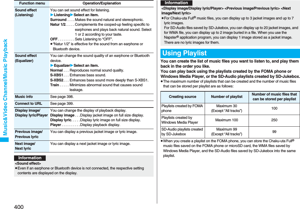 400Music&amp;Video Channel/Music PlaybackSound effect(Listening)You can set sound effect for listening.ListeningSelect an item.Surround . . . . Makes the sound natural and stereophonic.Natur 1/2. . . . . Complements the cooped-up feeling specific to earphones and plays back natural sound. Select 1 or 2 according to your taste.OFF. . . . . . . . . Sets Listening to “OFF”.p“Natur 1/2” is effective for the sound from an earphone or Bluetooth device.Sound effect(Equalizer)You can change the sound quality of an earphone or Bluetooth device.EqualizerSelect an item.Normal . . . Reproduces normal sound quality.S-XBS1. . . Enhances bass sound.S-XBS2. . . Enhances bass sound more deeply than S-XBS1.Train . . . . . Minimizes abnormal sound that causes sound leakage.Music info See page 398.Connect to URL See page 399.Display image/Display lyric/PlayerYou can change the display of playback display.Display image . . .Display jacket image on full size display.Display lyric. . . . .Display lyric image on full size display.Player . . . . . . . . . .Display playback display.Previous image/Previous lyricYou can display a previous jacket image or lyric image.Next image/Next lyricYou can display a next jacket image or lyric image.Function menu Operation/ExplanationInformation&lt;Sound effect&gt;pEven if an earphone or Bluetooth device is not connected, the respective setting contents are displayed on the display.You can create the list of music files you want to listen to, and play them back in the order you like. You can play back using the playlists created by the FOMA phone or Windows Media Player, or the SD-Audio playlists created by SD-Jukebox.pThe maximum number of playlists that can be created and the number of music files that can be stored per playlist are as follows:pWhen you create a playlist on the FOMA phone, you can store the Chaku-uta Full® music files saved on the FOMA phone or microSD card, the WMA files saved by Windows Media Player, and the SD-Audio files saved by SD-Jukebox into the same playlist.&lt;Display image/Display lyric/Player&gt; &lt;Previous image/Previous lyric&gt; &lt;Next image/Next lyric&gt;pFor Chaku-uta Full® music files, you can display up to 3 jacket images and up to 7 lyric images. For SD-Audio files saved by SD-Jukebox, you can display up to 20 jacket images, and for WMA file, you can display up to 2 image buried in a file. When you use the Napster® application program, you can display 1 image stored as a jacket image. There are no lyric images for them.Using PlaylistCreating source Number of playlist Number of music files that can be stored per playlistPlaylists created by FOMA phoneMaximum 30(Except “All tracks”) 100Playlists created by Windows Media Player Maximum 100 250SD-Audio playlists created by SD-JukeboxMaximum 99(Except “All tracks”) 99Information