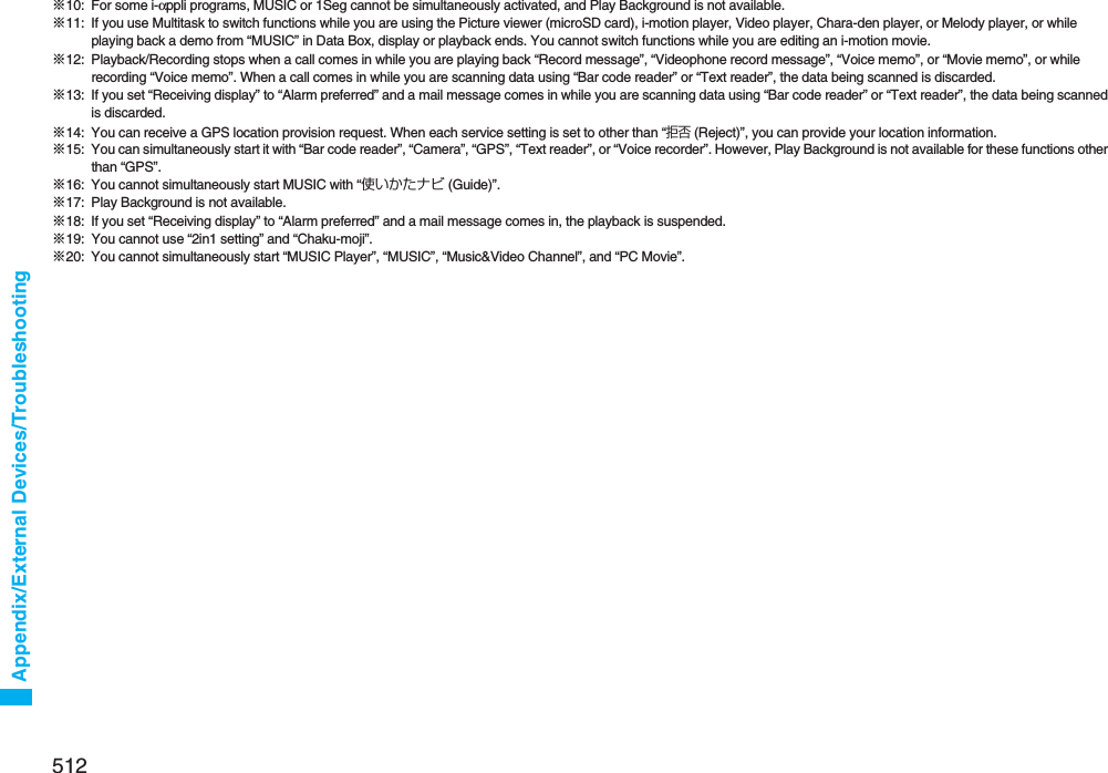 512Appendix/External Devices/Troubleshooting※10: For some i-αppli programs, MUSIC or 1Seg cannot be simultaneously activated, and Play Background is not available.※11: If you use Multitask to switch functions while you are using the Picture viewer (microSD card), i-motion player, Video player, Chara-den player, or Melody player, or while playing back a demo from “MUSIC” in Data Box, display or playback ends. You cannot switch functions while you are editing an i-motion movie.※12: Playback/Recording stops when a call comes in while you are playing back “Record message”, “Videophone record message”, “Voice memo”, or “Movie memo”, or while recording “Voice memo”. When a call comes in while you are scanning data using “Bar code reader” or “Text reader”, the data being scanned is discarded.※13: If you set “Receiving display” to “Alarm preferred” and a mail message comes in while you are scanning data using “Bar code reader” or “Text reader”, the data being scanned is discarded.※14: You can receive a GPS location provision request. When each service setting is set to other than “拒否 (Reject)”, you can provide your location information.※15: You can simultaneously start it with “Bar code reader”, “Camera”, “GPS”, “Text reader”, or “Voice recorder”. However, Play Background is not available for these functions other than “GPS”.※16: You cannot simultaneously start MUSIC with “使いかたナビ (Guide)”.※17: Play Background is not available.※18: If you set “Receiving display” to “Alarm preferred” and a mail message comes in, the playback is suspended.※19: You cannot use “2in1 setting” and “Chaku-moji”.※20: You cannot simultaneously start “MUSIC Player”, “MUSIC”, “Music&amp;Video Channel”, and “PC Movie”.