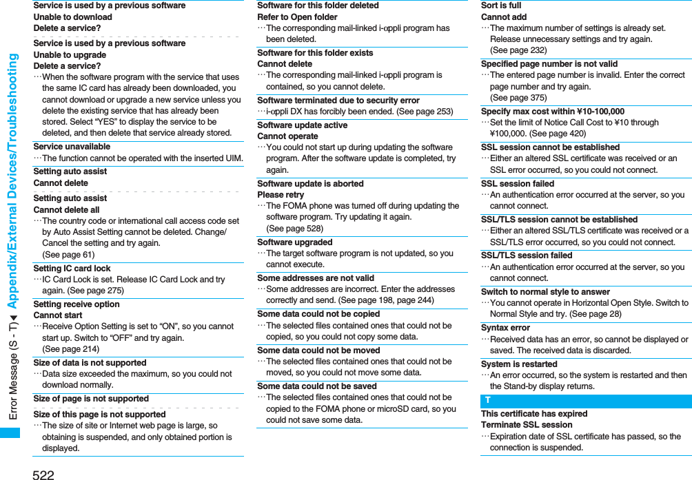 522Appendix/External Devices/TroubleshootingService is used by a previous software Unable to download Delete a service?Service is used by a previous software Unable to upgrade Delete a service?…When the software program with the service that uses the same IC card has already been downloaded, you cannot download or upgrade a new service unless you delete the existing service that has already been stored. Select “YES” to display the service to be deleted, and then delete that service already stored.Service unavailable…The function cannot be operated with the inserted UIM.Setting auto assist Cannot deleteSetting auto assist Cannot delete all…The country code or international call access code set by Auto Assist Setting cannot be deleted. Change/Cancel the setting and try again. (See page 61)Setting IC card lock…IC Card Lock is set. Release IC Card Lock and try again. (See page 275)Setting receive option Cannot start…Receive Option Setting is set to “ON”, so you cannot start up. Switch to “OFF” and try again. (See page 214)Size of data is not supported…Data size exceeded the maximum, so you could not download normally.Size of page is not supportedSize of this page is not supported…The size of site or Internet web page is large, so obtaining is suspended, and only obtained portion is displayed.Software for this folder deleted Refer to Open folder…The corresponding mail-linked i-αppli program has been deleted.Software for this folder exists Cannot delete…The corresponding mail-linked i-αppli program is contained, so you cannot delete.Software terminated due to security error…i-αppli DX has forcibly been ended. (See page 253)Software update active Cannot operate…You could not start up during updating the software program. After the software update is completed, try again.Software update is abortedPlease retry…The FOMA phone was turned off during updating the software program. Try updating it again. (See page 528)Software upgraded…The target software program is not updated, so you cannot execute.Some addresses are not valid…Some addresses are incorrect. Enter the addresses correctly and send. (See page 198, page 244)Some data could not be copied…The selected files contained ones that could not be copied, so you could not copy some data.Some data could not be moved…The selected files contained ones that could not be moved, so you could not move some data.Some data could not be saved…The selected files contained ones that could not be copied to the FOMA phone or microSD card, so you could not save some data.Sort is full Cannot add…The maximum number of settings is already set. Release unnecessary settings and try again. (See page 232)Specified page number is not valid…The entered page number is invalid. Enter the correct page number and try again. (See page 375)Specify max cost within ¥10-100,000…Set the limit of Notice Call Cost to ¥10 through ¥100,000. (See page 420)SSL session cannot be established…Either an altered SSL certificate was received or an SSL error occurred, so you could not connect.SSL session failed…An authentication error occurred at the server, so you cannot connect.SSL/TLS session cannot be established…Either an altered SSL/TLS certificate was received or a SSL/TLS error occurred, so you could not connect.SSL/TLS session failed…An authentication error occurred at the server, so you cannot connect.Switch to normal style to answer…You cannot operate in Horizontal Open Style. Switch to Normal Style and try. (See page 28)Syntax error…Received data has an error, so cannot be displayed or saved. The received data is discarded.System is restarted…An error occurred, so the system is restarted and then the Stand-by display returns.TThis certificate has expiredTerminate SSL session…Expiration date of SSL certificate has passed, so the connection is suspended.Error Message (S - T)