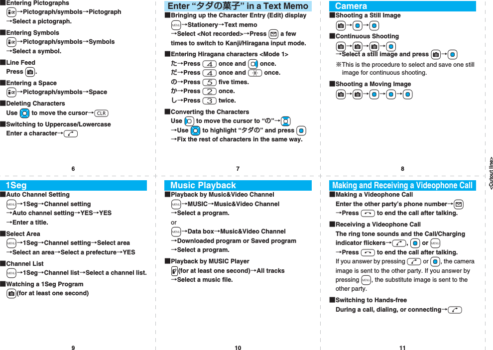 &lt;Cutout line&gt;67891011■Entering Pictographsi→Pictograph/symbols→Pictograph→Select a pictograph.■Entering Symbolsi→Pictograph/symbols→Symbols→Select a symbol.■Line FeedPress c.■Entering a Spacei→Pictograph/symbols→Space■Deleting CharactersUse Mo to move the cursor→r■Switching to Uppercase/LowercaseEnter a character→d■Bringing up the Character Entry (Edit) displaym→Stationery→Text memo→Select &lt;Not recorded&gt;→Press l a few times to switch to Kanji/Hiragana input mode.■Entering Hiragana characters &lt;Mode 1&gt;た→Press 4 once and Vo once.だ→Press 4 once and a once.の→Press 5 five times.か→Press 2 once.し→Press 3 twice.■Converting the CharactersUse Co to move the cursor to “の”→Bo→Use Mo to highlight “タダの” and press Oo→Fix the rest of characters in the same way.Enter “タダの菓子” in a Text Memo■Shooting a Still Imagec→Oo→Oo■Continuous Shootingc→c→c→Oo→Select a still image and press c→Oo※This is the procedure to select and save one still image for continuous shooting.■Shooting a Moving Imagec→c→Oo→Oo→OoCamera■Auto Channel Settingm→1Seg→Channel setting→Auto channel setting→YES→YES→Enter a title.■Select Aream→1Seg→Channel setting→Select area→Select an area→Select a prefecture→YES■Channel Listm→1Seg→Channel list→Select a channel list.■Watching a 1Seg Programc(for at least one second)1Seg■Playback by Music&amp;Video Channelm→MUSIC→Music&amp;Video Channel→Select a program.orm→Data box→Music&amp;Video Channel→Downloaded program or Saved program→Select a program.■Playback by MUSIC Playerp(for at least one second)→All tracks→Select a music file.Music Playback■Making a Videophone CallEnter the other party’s phone number→l→Press h to end the call after talking.■Receiving a Videophone CallThe ring tone sounds and the Call/Charging indicator flickers→d, Oo or m→Press h to end the call after talking.If you answer by pressing d or Oo, the camera image is sent to the other party. If you answer by pressing m, the substitute image is sent to the other party.■Switching to Hands-freeDuring a call, dialing, or connecting→dMaking and Receiving a Videophone Call