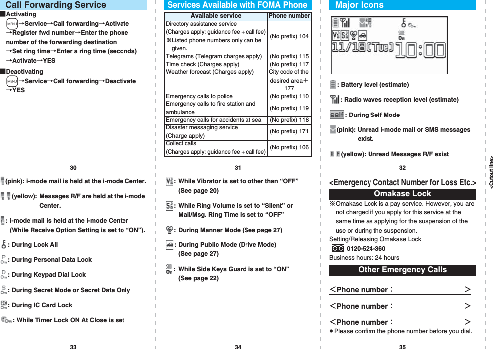 &lt;Cutout line&gt;30 31 3233 34 35■Activatingm→Service→Call forwarding→Activate→Register fwd number→Enter the phone number of the forwarding destination→Set ring time→Enter a ring time (seconds)→Activate→YES■Deactivatingm→Service→Call forwarding→Deactivate→YESCall Forwarding ServiceServices Available with FOMA PhoneAvailable servicePhone numberDirectory assistance service (Charges apply: guidance fee + call fee)※Listed phone numbers only can be given.(No prefix) 104Telegrams (Telegram charges apply) (No prefix) 115Time check (Charges apply) (No prefix) 117Weather forecast (Charges apply) City code of the desired area＋177Emergency calls to police (No prefix) 110Emergency calls to fire station and ambulance (No prefix) 119Emergency calls for accidents at sea (No prefix) 118Disaster messaging service (Charge apply) (No prefix) 171Collect calls (Charges apply: guidance fee + call fee)(No prefix) 106: Battery level (estimate): Radio waves reception level (estimate): During Self Mode(pink): Unread i-mode mail or SMS messages exist.(yellow): Unread Messages R/F existMajor Icons(pink): i-mode mail is held at the i-mode Center.(yellow): Messages R/F are held at the i-mode Center.: i-mode mail is held at the i-mode Center (While Receive Option Setting is set to “ON”).: During Lock All: During Personal Data Lock: During Keypad Dial Lock: During Secret Mode or Secret Data Only: During IC Card Lock: While Timer Lock ON At Close is set: While Vibrator is set to other than “OFF” (See page 20): While Ring Volume is set to “Silent” or Mail/Msg. Ring Time is set to “OFF”: During Manner Mode (See page 27): During Public Mode (Drive Mode) (See page 27): While Side Keys Guard is set to “ON” (See page 22)&lt;Emergency Contact Number for Loss Etc.&gt;※Omakase Lock is a pay service. However, you are not charged if you apply for this service at the same time as applying for the suspension of the use or during the suspension.Setting/Releasing Omakase Lock0120-524-360Business hours: 24 hours＜Phone number：              ＞＜Phone number：              ＞＜Phone number：              ＞pPlease confirm the phone number before you dial.Omakase LockOther Emergency Calls