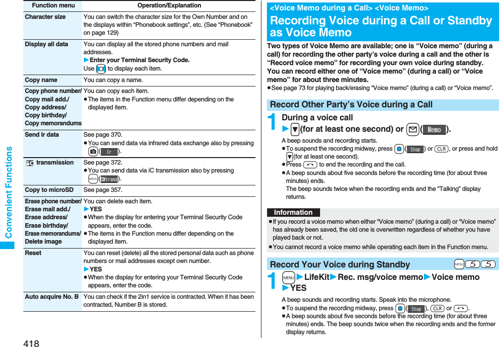 418Convenient FunctionsCharacter size You can switch the character size for the Own Number and on the displays within “Phonebook settings”, etc. (See “Phonebook” on page 129)Display all data You can display all the stored phone numbers and mail addresses.Enter your Terminal Security Code.Use No to display each item.Copy name You can copy a name.Copy phone number/Copy mail add./Copy address/Copy birthday/Copy memorandumsYou can copy each item.pThe items in the Function menu differ depending on the displayed item.Send Ir data See page 370.pYou can send data via infrared data exchange also by pressing c(). transmission See page 372.pYou can send data via iC transmission also by pressing m().Copy to microSD See page 357.Erase phone number/Erase mail add./Erase address/Erase birthday/Erase memorandums/ Delete imageYou can delete each item.YESpWhen the display for entering your Terminal Security Code appears, enter the code.pThe items in the Function menu differ depending on the displayed item.Reset You can reset (delete) all the stored personal data such as phone numbers or mail addresses except own number.YESpWhen the display for entering your Terminal Security Code appears, enter the code.Auto acquire No. B You can check if the 2in1 service is contracted. When it has been contracted, Number B is stored.Function menu Operation/ExplanationTwo types of Voice Memo are available; one is “Voice memo” (during a call) for recording the other party’s voice during a call and the other is “Record voice memo” for recording your own voice during standby.You can record either one of “Voice memo” (during a call) or “Voice memo” for about three minutes.pSee page 73 for playing back/erasing “Voice memo” (during a call) or “Voice memo”.1During a voice call&gt;(for at least one second) or l().A beep sounds and recording starts.pTo suspend the recording midway, press Oo() or r, or press and hold &gt;(for at least one second).pPress h to end the recording and the call.pA beep sounds about five seconds before the recording time (for about three minutes) ends.The beep sounds twice when the recording ends and the “Talking” display returns.1mLifeKitRec. msg/voice memoVoice memoYESA beep sounds and recording starts. Speak into the microphone.pTo suspend the recording midway, press Oo(), r or h.pA beep sounds about five seconds before the recording time (for about three minutes) ends. The beep sounds twice when the recording ends and the former display returns.&lt;Voice Memo during a Call&gt; &lt;Voice Memo&gt;Recording Voice during a Call or Standby as Voice MemoRecord Other Party’s Voice during a CallInformationpIf you record a voice memo when either “Voice memo” (during a call) or “Voice memo” has already been saved, the old one is overwritten regardless of whether you have played back or not.pYou cannot record a voice memo while operating each item in the Function menu.+m-5-5Record Your Voice during Standby