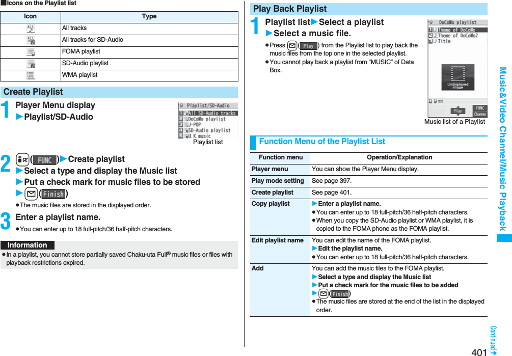 401Music&amp;Video Channel/Music Playback■Icons on the Playlist list1Player Menu displayPlaylist/SD-Audio2i()Create playlistSelect a type and display the Music listPut a check mark for music files to be storedl()pThe music files are stored in the displayed order.3Enter a playlist name.pYou can enter up to 18 full-pitch/36 half-pitch characters.Icon TypeAll tracksAll tracks for SD-AudioFOMA playlistSD-Audio playlistWMA playlistCreate PlaylistPlaylist listInformationpIn a playlist, you cannot store partially saved Chaku-uta Full® music files or files with playback restrictions expired.1Playlist listSelect a playlistSelect a music file.pPress l( ) from the Playlist list to play back the music files from the top one in the selected playlist.pYou cannot play back a playlist from “MUSIC” of Data Box.Play Back PlaylistMusic list of a PlaylistFunction Menu of the Playlist ListFunction menu Operation/ExplanationPlayer menu You can show the Player Menu display.Play mode setting See page 397.Create playlist See page 401.Copy playlist Enter a playlist name.pYou can enter up to 18 full-pitch/36 half-pitch characters.pWhen you copy the SD-Audio playlist or WMA playlist, it is copied to the FOMA phone as the FOMA playlist.Edit playlist name You can edit the name of the FOMA playlist.Edit the playlist name.pYou can enter up to 18 full-pitch/36 half-pitch characters.Add You can add the music files to the FOMA playlist.Select a type and display the Music listPut a check mark for the music files to be addedl()pThe music files are stored at the end of the list in the displayed order.