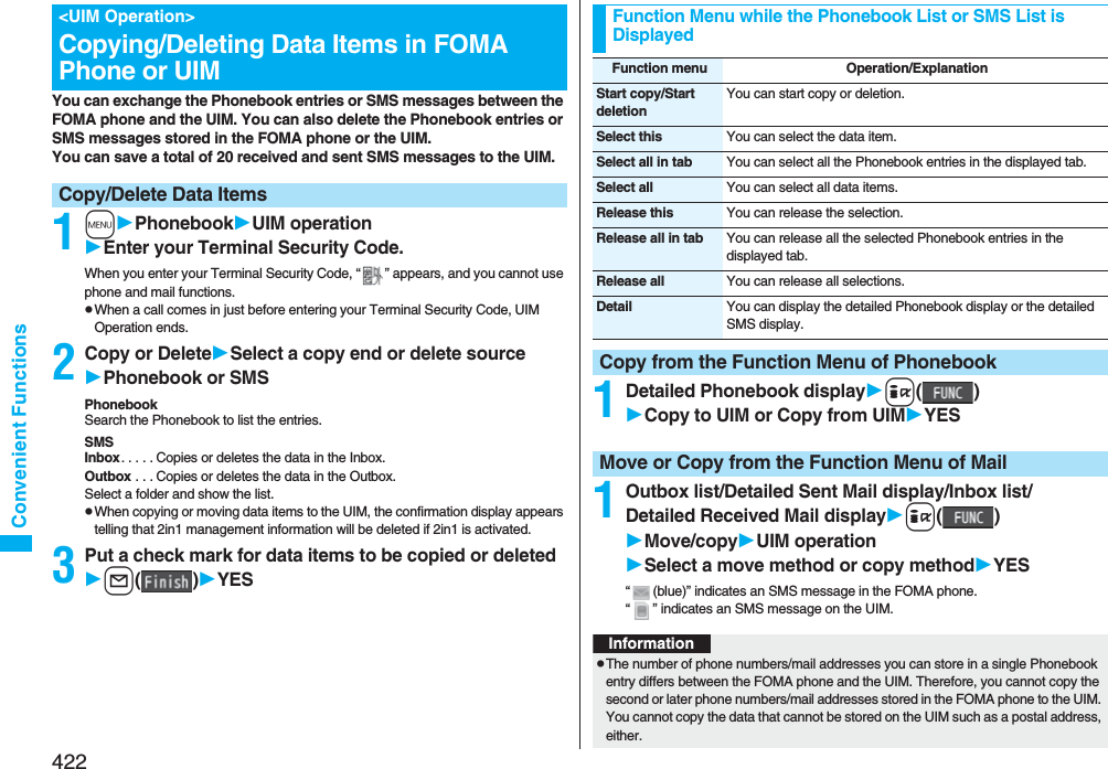 422Convenient FunctionsYou can exchange the Phonebook entries or SMS messages between the FOMA phone and the UIM. You can also delete the Phonebook entries or SMS messages stored in the FOMA phone or the UIM.You can save a total of 20 received and sent SMS messages to the UIM.1mPhonebookUIM operationEnter your Terminal Security Code.When you enter your Terminal Security Code, “ ” appears, and you cannot use phone and mail functions.pWhen a call comes in just before entering your Terminal Security Code, UIM Operation ends.2Copy or DeleteSelect a copy end or delete sourcePhonebook or SMSPhonebookSearch the Phonebook to list the entries.SMSInbox. . . . . Copies or deletes the data in the Inbox.Outbox . . . Copies or deletes the data in the Outbox.Select a folder and show the list.pWhen copying or moving data items to the UIM, the confirmation display appears telling that 2in1 management information will be deleted if 2in1 is activated.3Put a check mark for data items to be copied or deletedl()YES&lt;UIM Operation&gt;Copying/Deleting Data Items in FOMA Phone or UIMCopy/Delete Data Items1Detailed Phonebook displayi()Copy to UIM or Copy from UIMYES 1Outbox list/Detailed Sent Mail display/Inbox list/Detailed Received Mail displayi()Move/copyUIM operationSelect a move method or copy methodYES“ (blue)” indicates an SMS message in the FOMA phone.“ ” indicates an SMS message on the UIM.Function Menu while the Phonebook List or SMS List is DisplayedFunction menu Operation/ExplanationStart copy/Start deletionYou can start copy or deletion.Select this You can select the data item.Select all in tab You can select all the Phonebook entries in the displayed tab.Select all You can select all data items.Release this You can release the selection.Release all in tab You can release all the selected Phonebook entries in the displayed tab.Release all You can release all selections.Detail You can display the detailed Phonebook display or the detailed SMS display.Copy from the Function Menu of PhonebookMove or Copy from the Function Menu of MailInformationpThe number of phone numbers/mail addresses you can store in a single Phonebook entry differs between the FOMA phone and the UIM. Therefore, you cannot copy the second or later phone numbers/mail addresses stored in the FOMA phone to the UIM. You cannot copy the data that cannot be stored on the UIM such as a postal address, either.