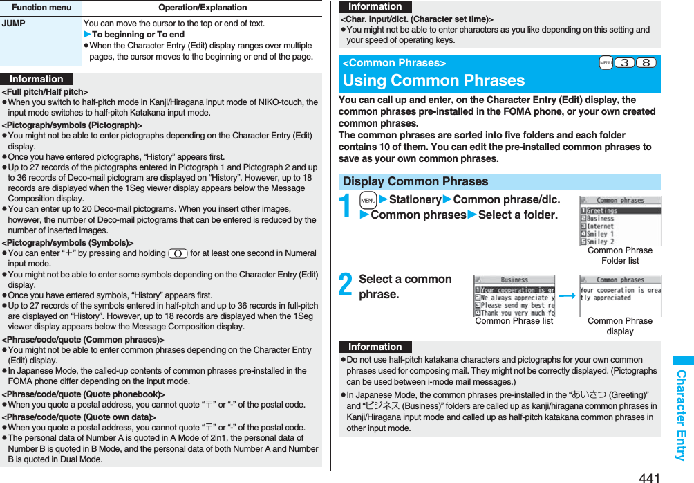 441Character EntryJUMP You can move the cursor to the top or end of text.To beginning or To endpWhen the Character Entry (Edit) display ranges over multiple pages, the cursor moves to the beginning or end of the page.Function menu Operation/ExplanationInformation&lt;Full pitch/Half pitch&gt;pWhen you switch to half-pitch mode in Kanji/Hiragana input mode of NIKO-touch, the input mode switches to half-pitch Katakana input mode.&lt;Pictograph/symbols (Pictograph)&gt;pYou might not be able to enter pictographs depending on the Character Entry (Edit) display.pOnce you have entered pictographs, “History” appears first.pUp to 27 records of the pictographs entered in Pictograph 1 and Pictograph 2 and up to 36 records of Deco-mail pictogram are displayed on “History”. However, up to 18 records are displayed when the 1Seg viewer display appears below the Message Composition display.pYou can enter up to 20 Deco-mail pictograms. When you insert other images, however, the number of Deco-mail pictograms that can be entered is reduced by the number of inserted images.&lt;Pictograph/symbols (Symbols)&gt;pYou can enter “＋” by pressing and holding -0 for at least one second in Numeral input mode.pYou might not be able to enter some symbols depending on the Character Entry (Edit) display.pOnce you have entered symbols, “History” appears first.pUp to 27 records of the symbols entered in half-pitch and up to 36 records in full-pitch are displayed on “History”. However, up to 18 records are displayed when the 1Seg viewer display appears below the Message Composition display.&lt;Phrase/code/quote (Common phrases)&gt;pYou might not be able to enter common phrases depending on the Character Entry (Edit) display.pIn Japanese Mode, the called-up contents of common phrases pre-installed in the FOMA phone differ depending on the input mode.&lt;Phrase/code/quote (Quote phonebook)&gt;pWhen you quote a postal address, you cannot quote “〒” or “-” of the postal code.&lt;Phrase/code/quote (Quote own data)&gt;pWhen you quote a postal address, you cannot quote “〒” or “-” of the postal code.pThe personal data of Number A is quoted in A Mode of 2in1, the personal data of Number B is quoted in B Mode, and the personal data of both Number A and Number B is quoted in Dual Mode.You can call up and enter, on the Character Entry (Edit) display, the common phrases pre-installed in the FOMA phone, or your own created common phrases.The common phrases are sorted into five folders and each folder contains 10 of them. You can edit the pre-installed common phrases to save as your own common phrases.1mStationeryCommon phrase/dic.Common phrasesSelect a folder.2Select a common phrase.&lt;Char. input/dict. (Character set time)&gt;pYou might not be able to enter characters as you like depending on this setting and your speed of operating keys.+m-3-8&lt;Common Phrases&gt;Using Common PhrasesDisplay Common PhrasesInformationCommon Phrase Folder listCommon Phrase list Common Phrase displayInformationpDo not use half-pitch katakana characters and pictographs for your own common phrases used for composing mail. They might not be correctly displayed. (Pictographs can be used between i-mode mail messages.)pIn Japanese Mode, the common phrases pre-installed in the “あいさつ (Greeting)” and “ビジネス (Business)” folders are called up as kanji/hiragana common phrases in Kanji/Hiragana input mode and called up as half-pitch katakana common phrases in other input mode. 