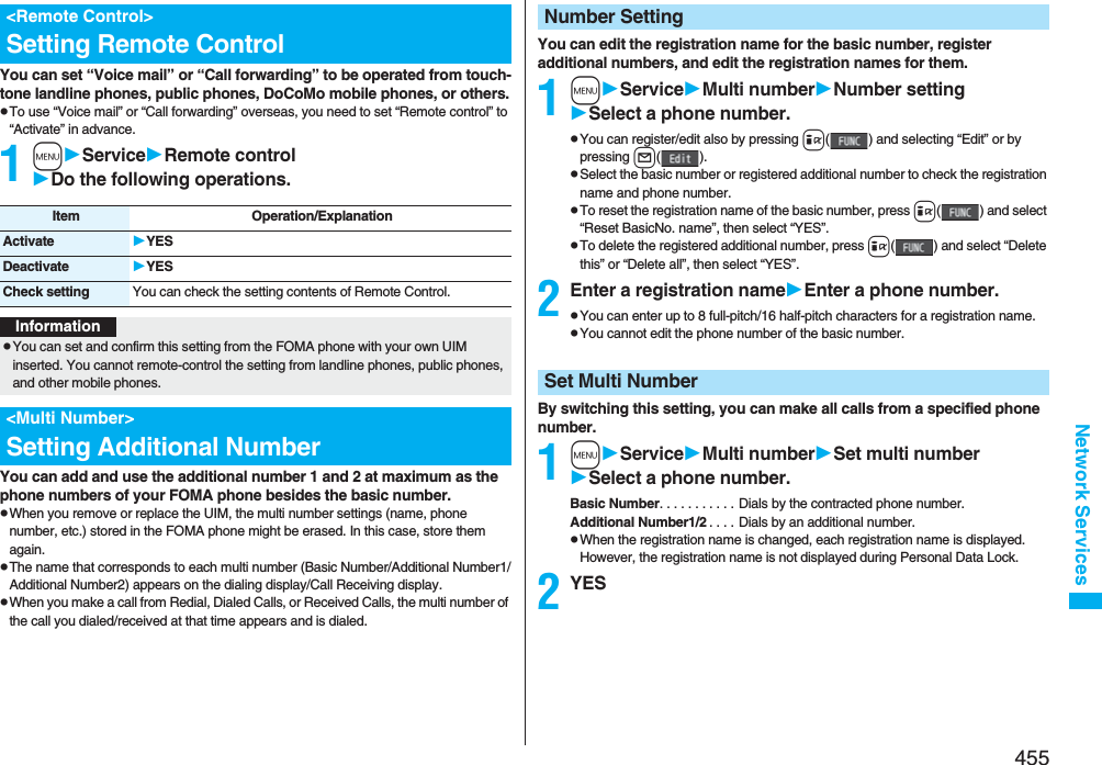 455Network ServicesYou can set “Voice mail” or “Call forwarding” to be operated from touch-tone landline phones, public phones, DoCoMo mobile phones, or others.pTo use “Voice mail” or “Call forwarding” overseas, you need to set “Remote control” to “Activate” in advance.1mServiceRemote controlDo the following operations.You can add and use the additional number 1 and 2 at maximum as the phone numbers of your FOMA phone besides the basic number.pWhen you remove or replace the UIM, the multi number settings (name, phone number, etc.) stored in the FOMA phone might be erased. In this case, store them again.pThe name that corresponds to each multi number (Basic Number/Additional Number1/Additional Number2) appears on the dialing display/Call Receiving display.pWhen you make a call from Redial, Dialed Calls, or Received Calls, the multi number of the call you dialed/received at that time appears and is dialed.&lt;Remote Control&gt;Setting Remote ControlItem Operation/ExplanationActivate YESDeactivate YESCheck setting You can check the setting contents of Remote Control.InformationpYou can set and confirm this setting from the FOMA phone with your own UIM inserted. You cannot remote-control the setting from landline phones, public phones, and other mobile phones.&lt;Multi Number&gt;Setting Additional NumberYou can edit the registration name for the basic number, register additional numbers, and edit the registration names for them.1mServiceMulti numberNumber settingSelect a phone number.pYou can register/edit also by pressing i( ) and selecting “Edit” or by pressing l().pSelect the basic number or registered additional number to check the registration name and phone number.pTo reset the registration name of the basic number, press i( ) and select “Reset BasicNo. name”, then select “YES”.pTo delete the registered additional number, press i( ) and select “Delete this” or “Delete all”, then select “YES”.2Enter a registration nameEnter a phone number.pYou can enter up to 8 full-pitch/16 half-pitch characters for a registration name.pYou cannot edit the phone number of the basic number.By switching this setting, you can make all calls from a specified phone number.1mServiceMulti numberSet multi numberSelect a phone number.Basic Number. . . . . . . . . . . Dials by the contracted phone number.Additional Number1/2 . . . . Dials by an additional number. pWhen the registration name is changed, each registration name is displayed. However, the registration name is not displayed during Personal Data Lock.2YESNumber SettingSet Multi Number