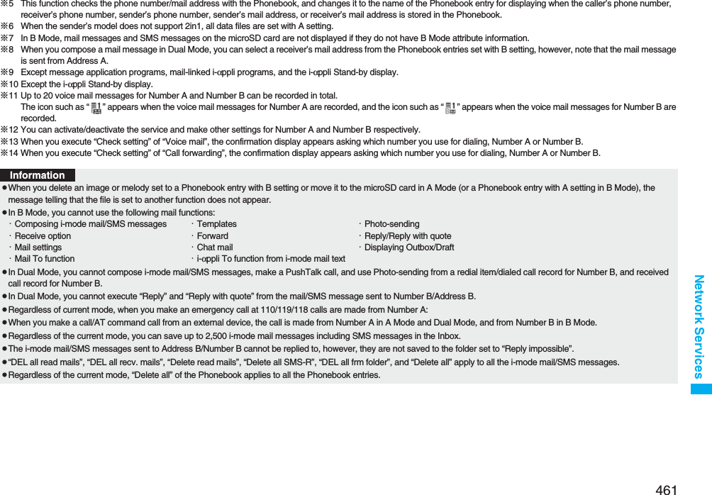 461Network Services※5 This function checks the phone number/mail address with the Phonebook, and changes it to the name of the Phonebook entry for displaying when the caller’s phone number, receiver’s phone number, sender’s phone number, sender’s mail address, or receiver’s mail address is stored in the Phonebook.※6 When the sender’s model does not support 2in1, all data files are set with A setting.※7 In B Mode, mail messages and SMS messages on the microSD card are not displayed if they do not have B Mode attribute information.※8 When you compose a mail message in Dual Mode, you can select a receiver’s mail address from the Phonebook entries set with B setting, however, note that the mail message is sent from Address A.※9 Except message application programs, mail-linked i-αppli programs, and the i-αppli Stand-by display.※10 Except the i-αppli Stand-by display.※11 Up to 20 voice mail messages for Number A and Number B can be recorded in total.The icon such as “ ” appears when the voice mail messages for Number A are recorded, and the icon such as “ ” appears when the voice mail messages for Number B are recorded.※12 You can activate/deactivate the service and make other settings for Number A and Number B respectively.※13 When you execute “Check setting” of “Voice mail”, the confirmation display appears asking which number you use for dialing, Number A or Number B.※14 When you execute “Check setting” of “Call forwarding”, the confirmation display appears asking which number you use for dialing, Number A or Number B.InformationpWhen you delete an image or melody set to a Phonebook entry with B setting or move it to the microSD card in A Mode (or a Phonebook entry with A setting in B Mode), the message telling that the file is set to another function does not appear.pIn B Mode, you cannot use the following mail functions:・Composing i-mode mail/SMS messages ・Templates ・Photo-sending・Receive option ・Forward ・Reply/Reply with quote・Mail settings ・Chat mail ・Displaying Outbox/Draft・Mail To function ・i-αppli To function from i-mode mail textpIn Dual Mode, you cannot compose i-mode mail/SMS messages, make a PushTalk call, and use Photo-sending from a redial item/dialed call record for Number B, and received call record for Number B.pIn Dual Mode, you cannot execute “Reply” and “Reply with quote” from the mail/SMS message sent to Number B/Address B.pRegardless of current mode, when you make an emergency call at 110/119/118 calls are made from Number A:pWhen you make a call/AT command call from an external device, the call is made from Number A in A Mode and Dual Mode, and from Number B in B Mode.pRegardless of the current mode, you can save up to 2,500 i-mode mail messages including SMS messages in the Inbox.pThe i-mode mail/SMS messages sent to Address B/Number B cannot be replied to, however, they are not saved to the folder set to “Reply impossible”.p“DEL all read mails”, “DEL all recv. mails”, “Delete read mails”, “Delete all SMS-R”, “DEL all frm folder”, and “Delete all” apply to all the i-mode mail/SMS messages.pRegardless of the current mode, “Delete all” of the Phonebook applies to all the Phonebook entries.