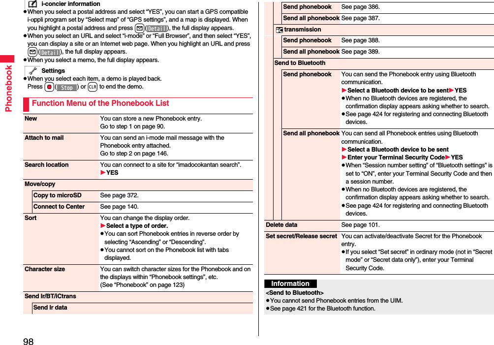 98Phonebooki-concier informationpWhen you select a postal address and select “YES”, you can start a GPS compatible i-αppli program set by “Select map” of “GPS settings”, and a map is displayed. When you highlight a postal address and press l( ), the full display appears.pWhen you select an URL and select “i-mode” or “Full Browser”, and then select “YES”, you can display a site or an Internet web page. When you highlight an URL and press l( ), the full display appears.pWhen you select a memo, the full display appears.SettingspWhen you select each item, a demo is played back.Press Oo() or r to end the demo.Function Menu of the Phonebook ListNew You can store a new Phonebook entry.Go to step 1 on page 90.Attach to mail You can send an i-mode mail message with the Phonebook entry attached.Go to step 2 on page 146.Search location You can connect to a site for “imadocokantan search”.YESMove/copyCopy to microSD See page 372.Connect to Center See page 140.Sort You can change the display order.Select a type of order.pYou can sort Phonebook entries in reverse order by selecting “Ascending” or “Descending”.pYou cannot sort on the Phonebook list with tabs displayed.Character size You can switch character sizes for the Phonebook and on the displays within “Phonebook settings”, etc. (See “Phonebook” on page 123)Send Ir/BT/iCtransSend Ir dataSend phonebook See page 386.Send all phonebook See page 387.transmissionSend phonebook See page 388.Send all phonebook See page 389.Send to BluetoothSend phonebook You can send the Phonebook entry using Bluetooth communication.Select a Bluetooth device to be sentYESpWhen no Bluetooth devices are registered, the confirmation display appears asking whether to search.pSee page 424 for registering and connecting Bluetooth devices.Send all phonebook You can send all Phonebook entries using Bluetooth communication.Select a Bluetooth device to be sentEnter your Terminal Security CodeYESpWhen “Session number setting” of “Bluetooth settings” is set to “ON”, enter your Terminal Security Code and then a session number. pWhen no Bluetooth devices are registered, the confirmation display appears asking whether to search.pSee page 424 for registering and connecting Bluetooth devices.Delete data See page 101.Set secret/Release secret You can activate/deactivate Secret for the Phonebook entry.pIf you select “Set secret” in ordinary mode (not in “Secret mode” or “Secret data only”), enter your Terminal Security Code.Information&lt;Send to Bluetooth&gt;pYou cannot send Phonebook entries from the UIM.pSee page 421 for the Bluetooth function.