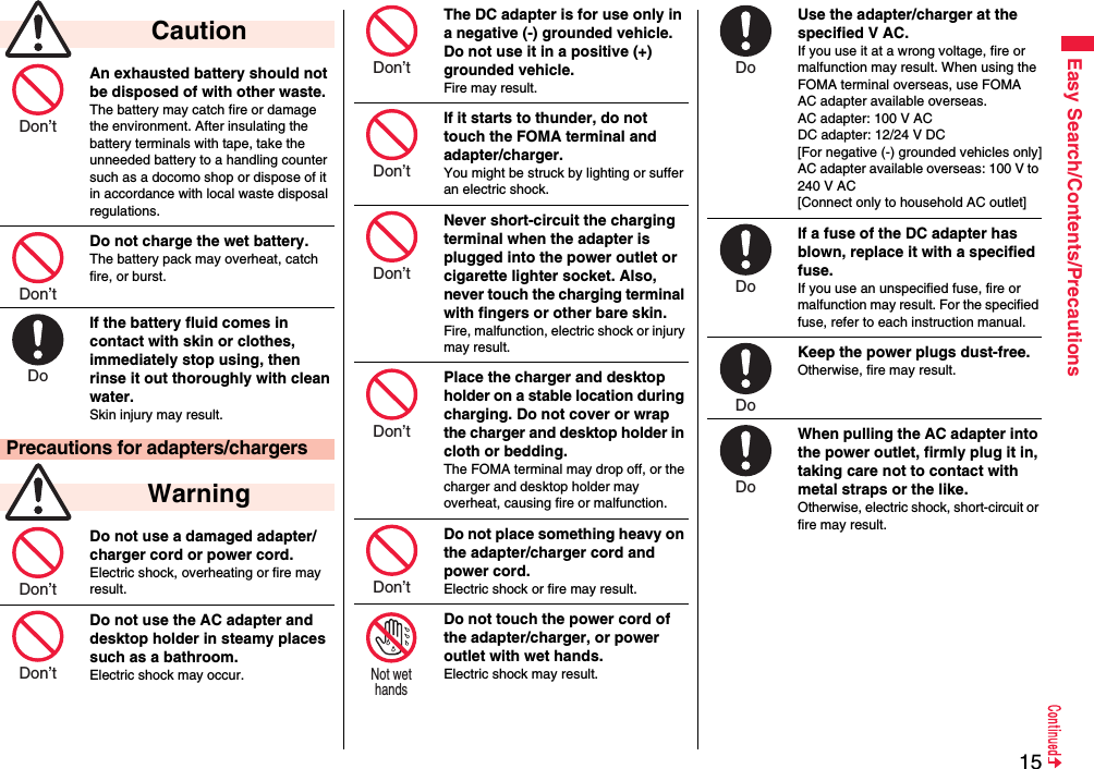 15Easy Search/Contents/PrecautionsAn exhausted battery should not be disposed of with other waste.The battery may catch fire or damage the environment. After insulating the battery terminals with tape, take the unneeded battery to a handling counter such as a docomo shop or dispose of it in accordance with local waste disposal regulations.Do not charge the wet battery. The battery pack may overheat, catch fire, or burst.If the battery fluid comes in contact with skin or clothes, immediately stop using, then rinse it out thoroughly with clean water.Skin injury may result.Do not use a damaged adapter/charger cord or power cord.Electric shock, overheating or fire may result.Do not use the AC adapter and desktop holder in steamy places such as a bathroom.Electric shock may occur. CautionPrecautions for adapters/chargers WarningDon’t Don’t Do Don’t Don’t The DC adapter is for use only in a negative (-) grounded vehicle. Do not use it in a positive (+) grounded vehicle.Fire may result.If it starts to thunder, do not touch the FOMA terminal and adapter/charger.You might be struck by lighting or suffer an electric shock.Never short-circuit the charging terminal when the adapter is plugged into the power outlet or cigarette lighter socket. Also, never touch the charging terminal with fingers or other bare skin.Fire, malfunction, electric shock or injury may result.Place the charger and desktop holder on a stable location during charging. Do not cover or wrap the charger and desktop holder in cloth or bedding.The FOMA terminal may drop off, or the charger and desktop holder may overheat, causing fire or malfunction.Do not place something heavy on the adapter/charger cord and power cord.Electric shock or fire may result.Do not touch the power cord of the adapter/charger, or power outlet with wet hands.Electric shock may result.Don’t Don’t Don’t Don’t Don’t Not wet hands Use the adapter/charger at the specified V AC.If you use it at a wrong voltage, fire or malfunction may result. When using the FOMA terminal overseas, use FOMA AC adapter available overseas.AC adapter: 100 V ACDC adapter: 12/24 V DC[For negative (-) grounded vehicles only]AC adapter available overseas: 100 V to 240 V AC[Connect only to household AC outlet]If a fuse of the DC adapter has blown, replace it with a specified fuse.If you use an unspecified fuse, fire or malfunction may result. For the specified fuse, refer to each instruction manual.Keep the power plugs dust-free.Otherwise, fire may result.When pulling the AC adapter into the power outlet, firmly plug it in, taking care not to contact with metal straps or the like.Otherwise, electric shock, short-circuit or fire may result.Do Do Do Do 